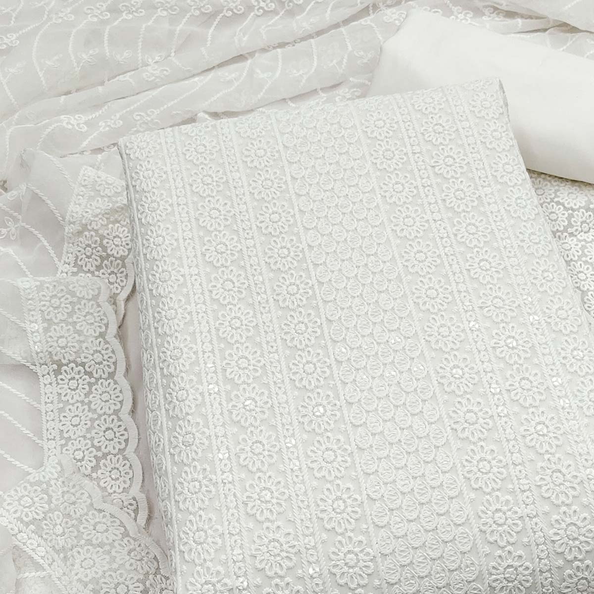 Elegant White Floral Thread Embroidered With Sequins Work Georgette Dress Material - Image 2