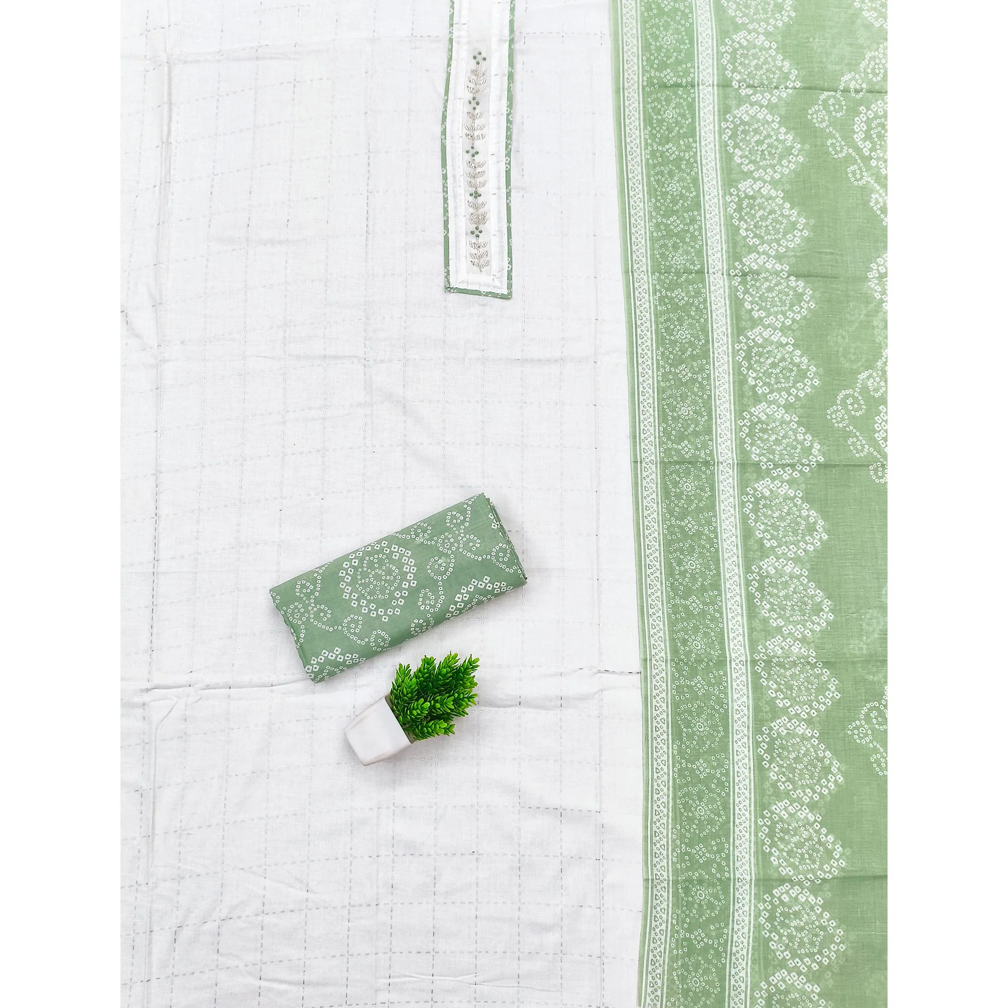 Elegant White & Green Checks Printed Pure Cotton Dress Material With Delicate Handwork Accents - Image 3