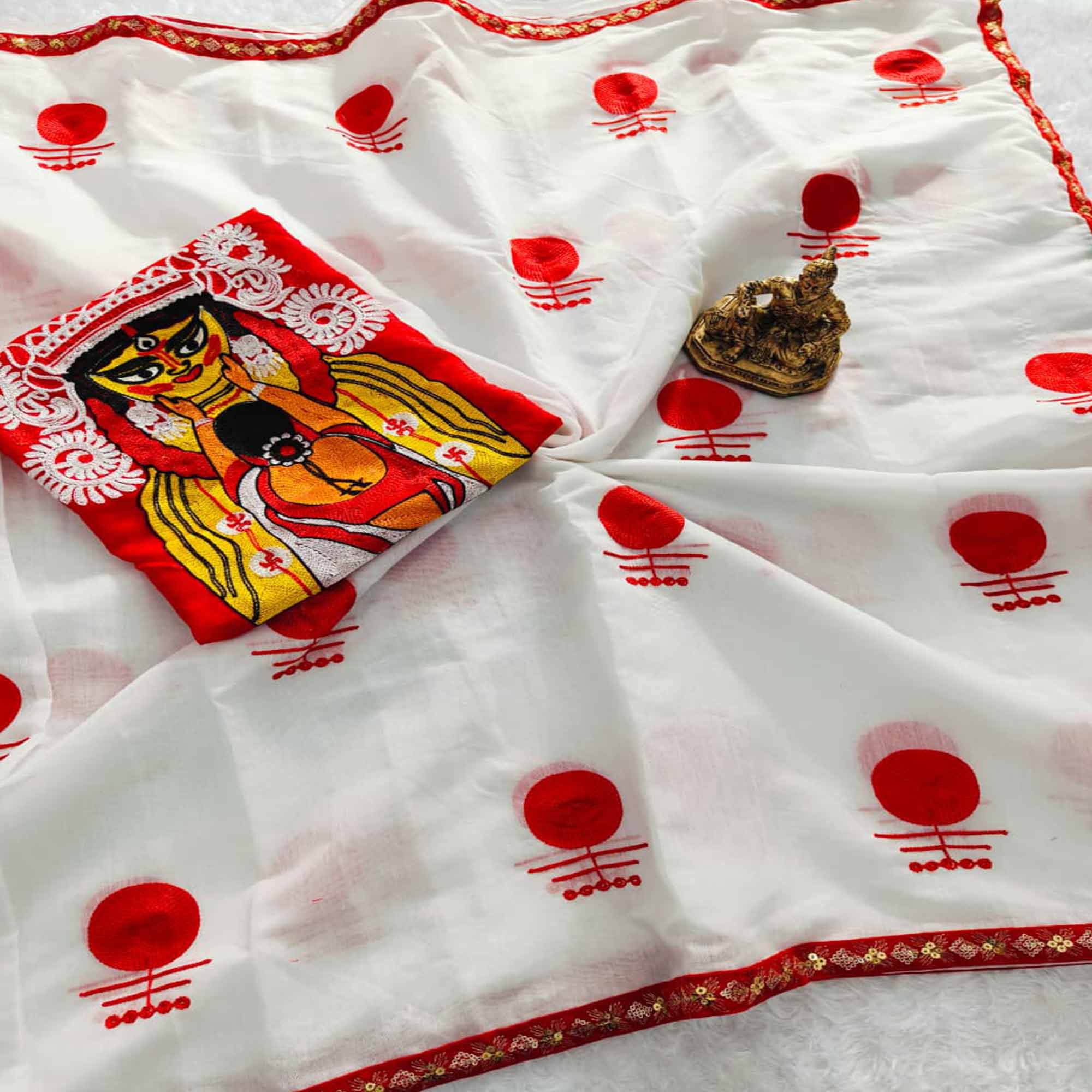 Elegant White Heavy Embroidered Linen Saree for Puja Celebrations - Image 3