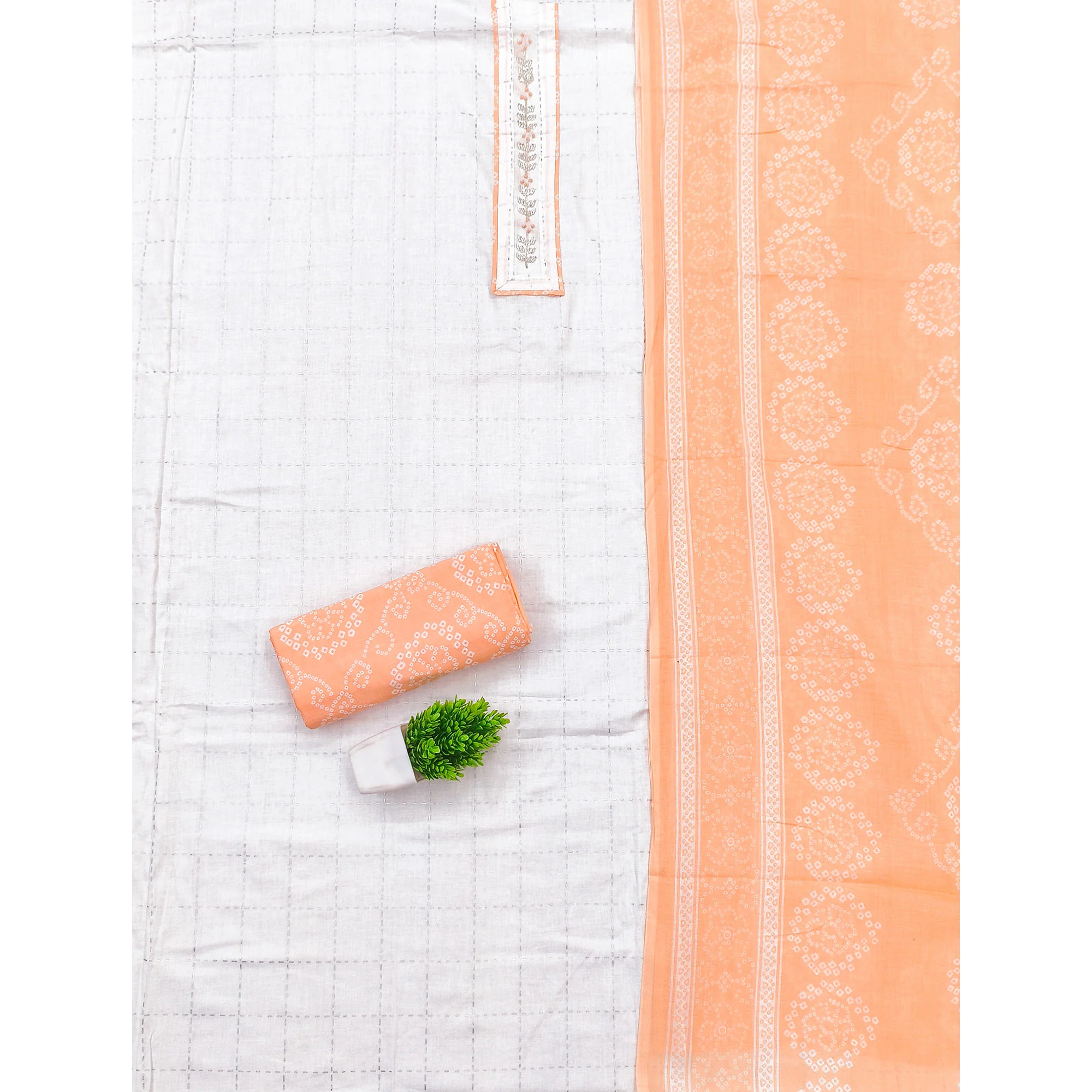 Elegant White & Orange Checks Printed Pure Cotton Dress Material With Delicate Handwork Accents - Image 3