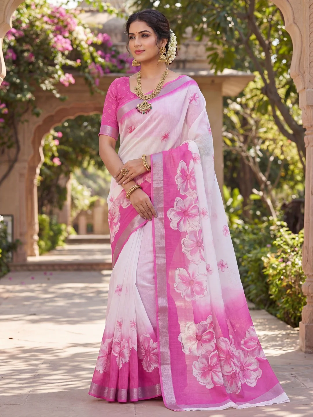 Elegant White & Pink Linen Saree with Floral Prints and Silver Border