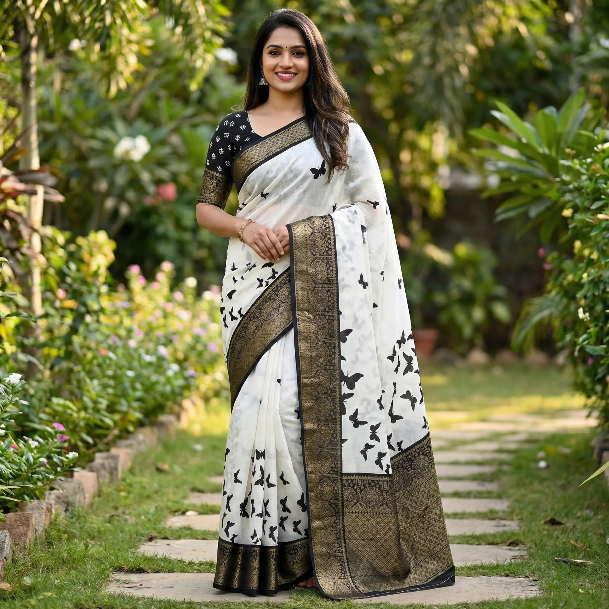 Elegant White Printed Dola Silk Saree Accented With A Floral Woven Border