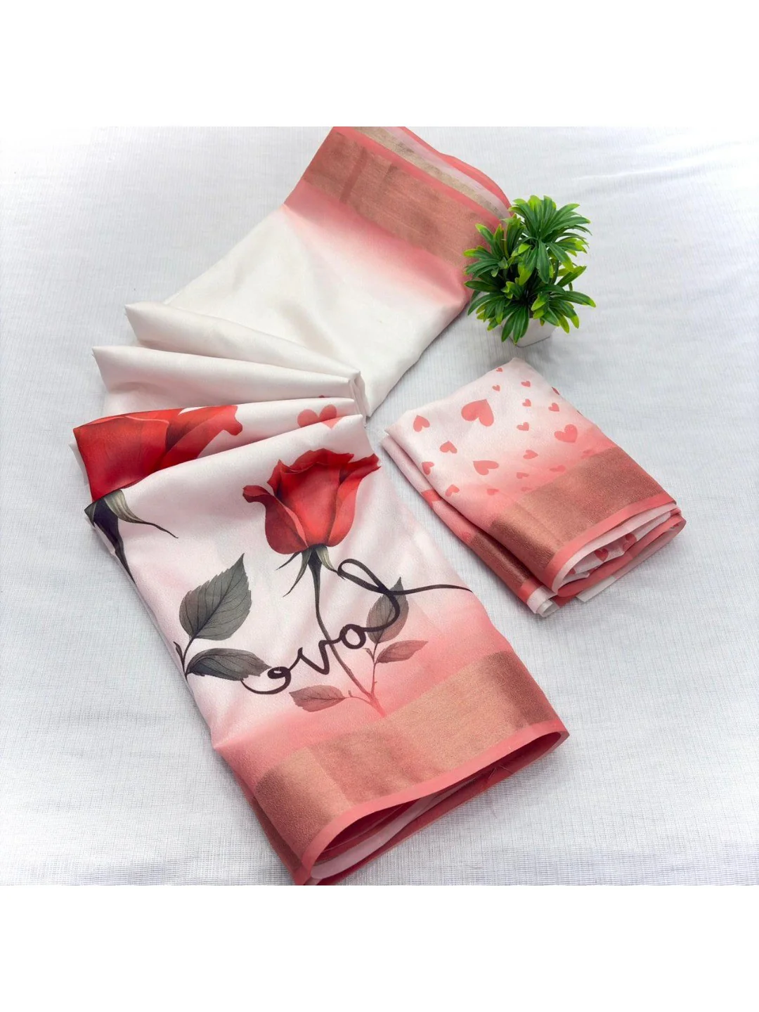 Elegant White & Red Floral Printed Georgette Saree with Zari Border - Image 4