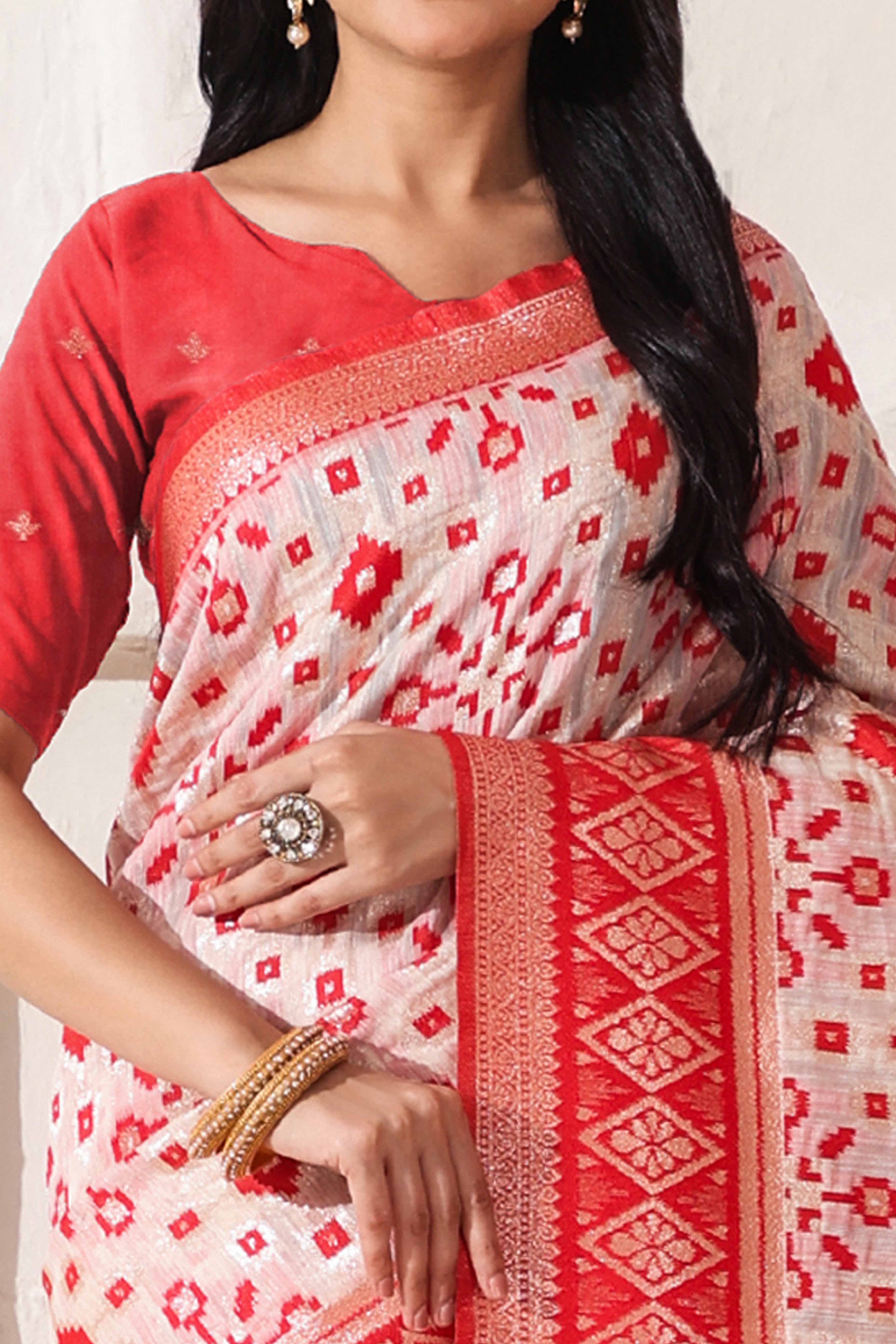 Elegant White & Red Zari Woven Linen Cotton Saree With Graceful Tassel Detailing - Image 2