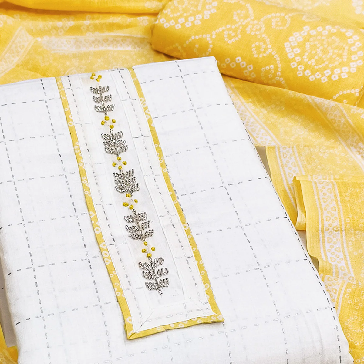 Elegant White & Yellow Checks Printed Pure Cotton Dress Material With Delicate Handwork Accents - Image 2