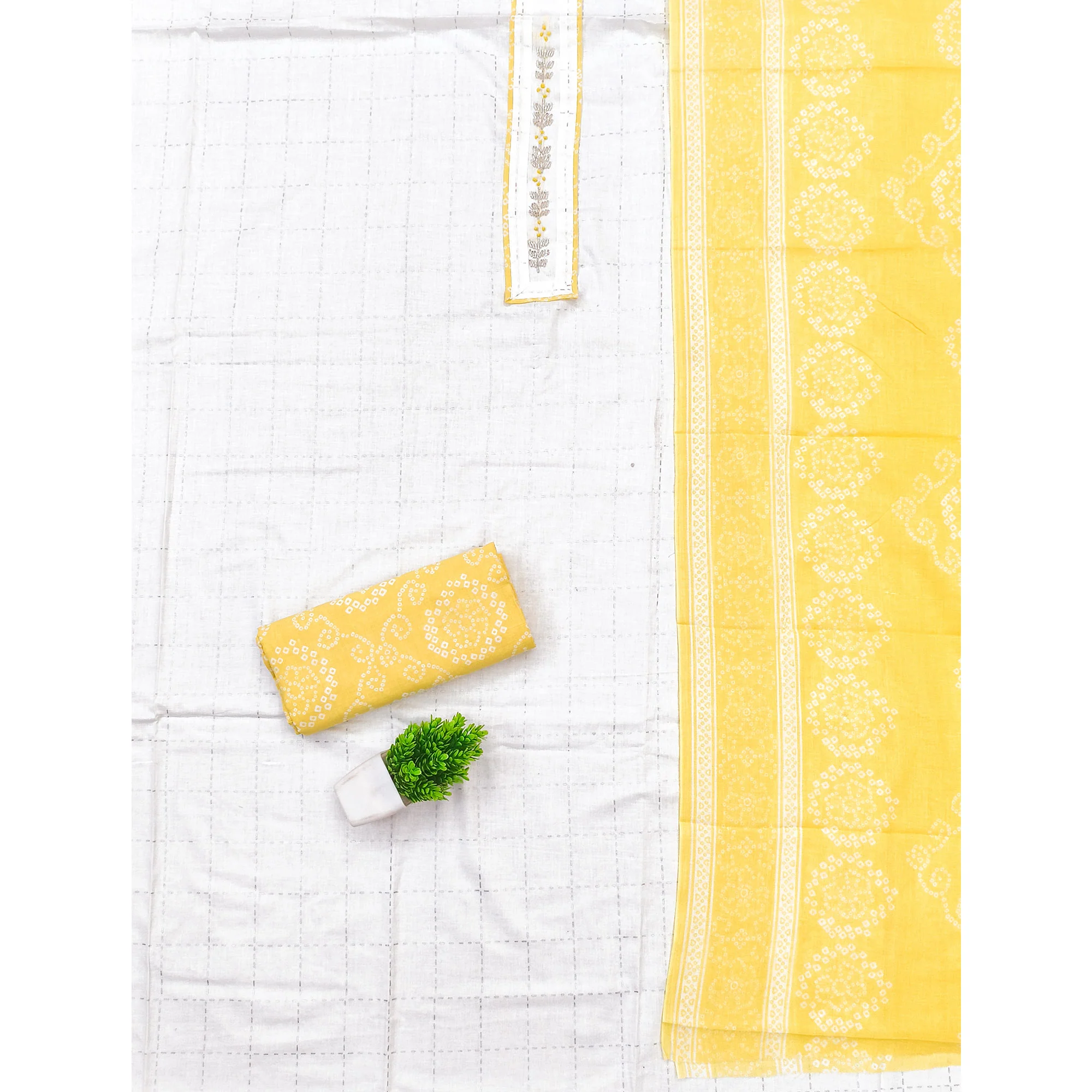Elegant White & Yellow Checks Printed Pure Cotton Dress Material With Delicate Handwork Accents - Image 3