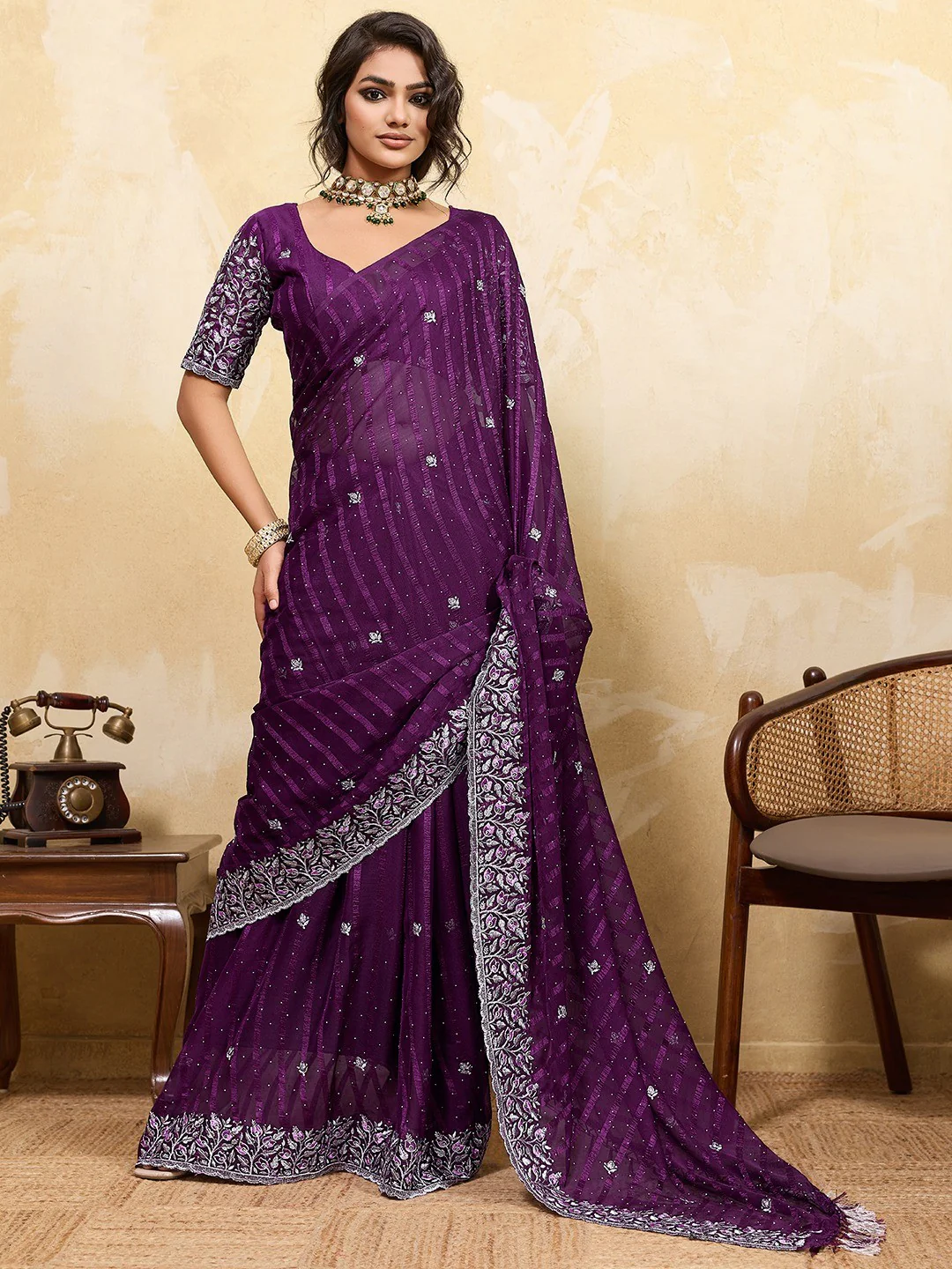 Elegant Wine Chiffon Saree Adorned With Floral Embroidery & Shimmering Swarovski Work