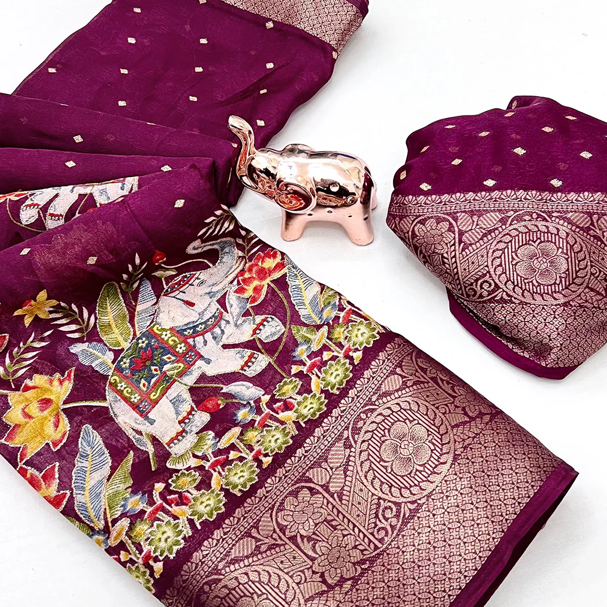 Elegant Wine Elephant & Floral Printed Georgette Saree Accented With Gleaming Weaving Zari Border - Image 2