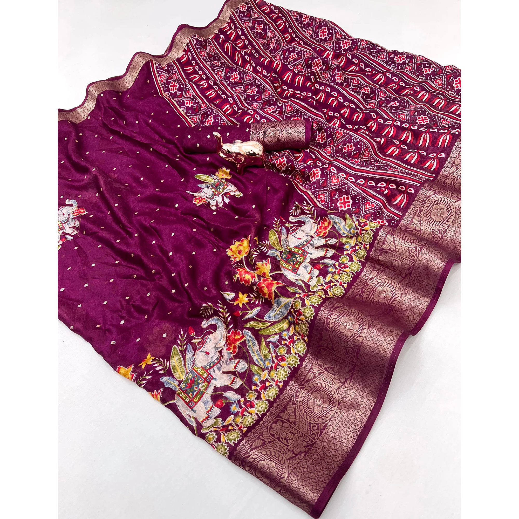 Elegant Wine Elephant & Floral Printed Georgette Saree Accented With Gleaming Weaving Zari Border - Image 3