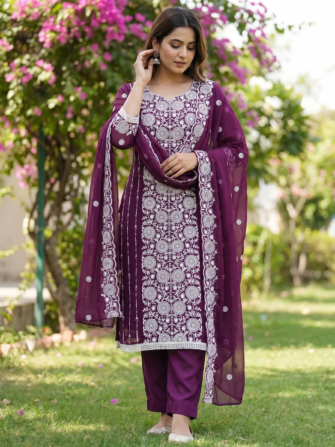 Elegant Wine Georgette Embroidered Unstitched Suit Material