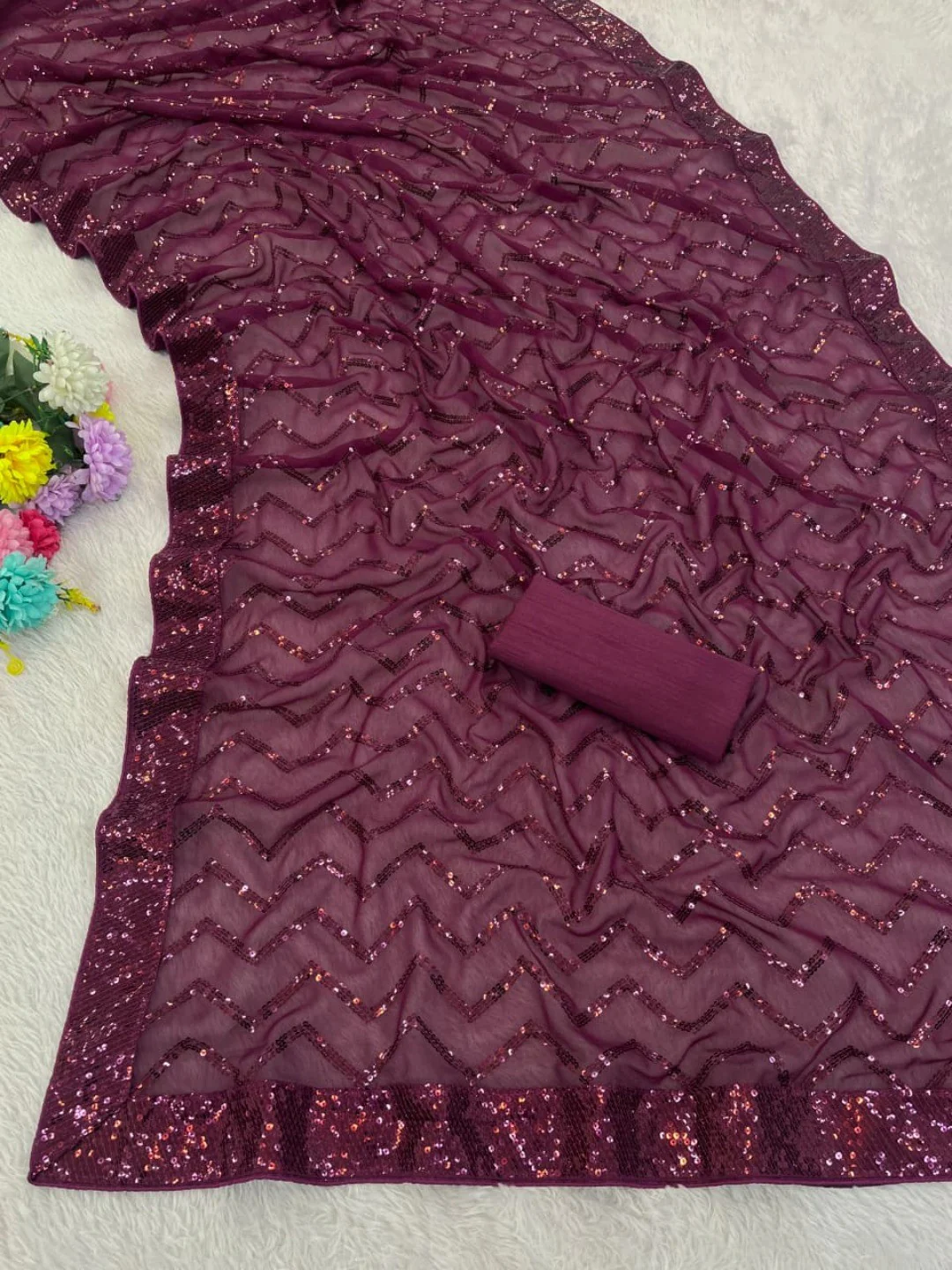 Elegant Wine Georgette Silk Saree with Sequin Embellishments - Image 3