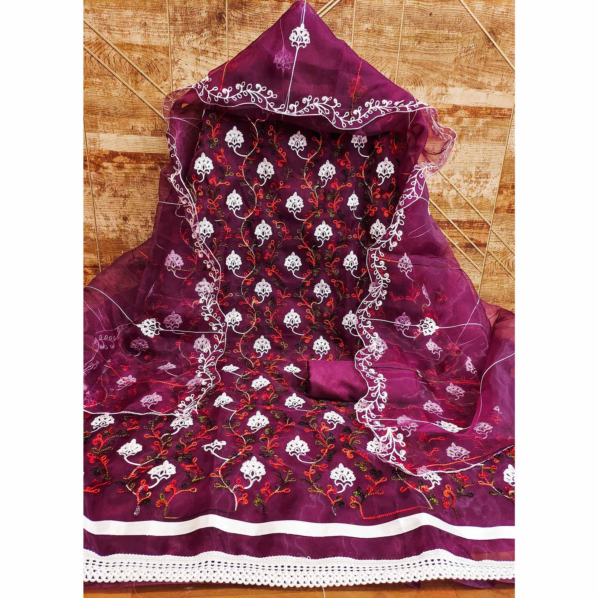 Elegant Wine Organza Dress Material Ensemble With Exquisite Floral Embroidery - Image 3
