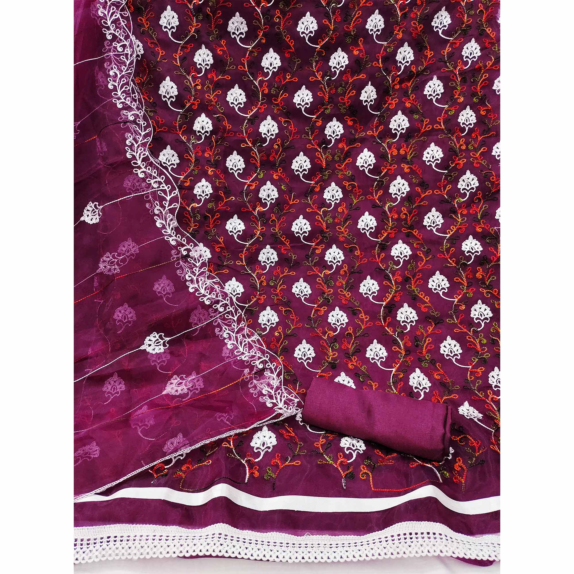 Elegant Wine Organza Dress Material Ensemble With Exquisite Floral Embroidery - Image 4
