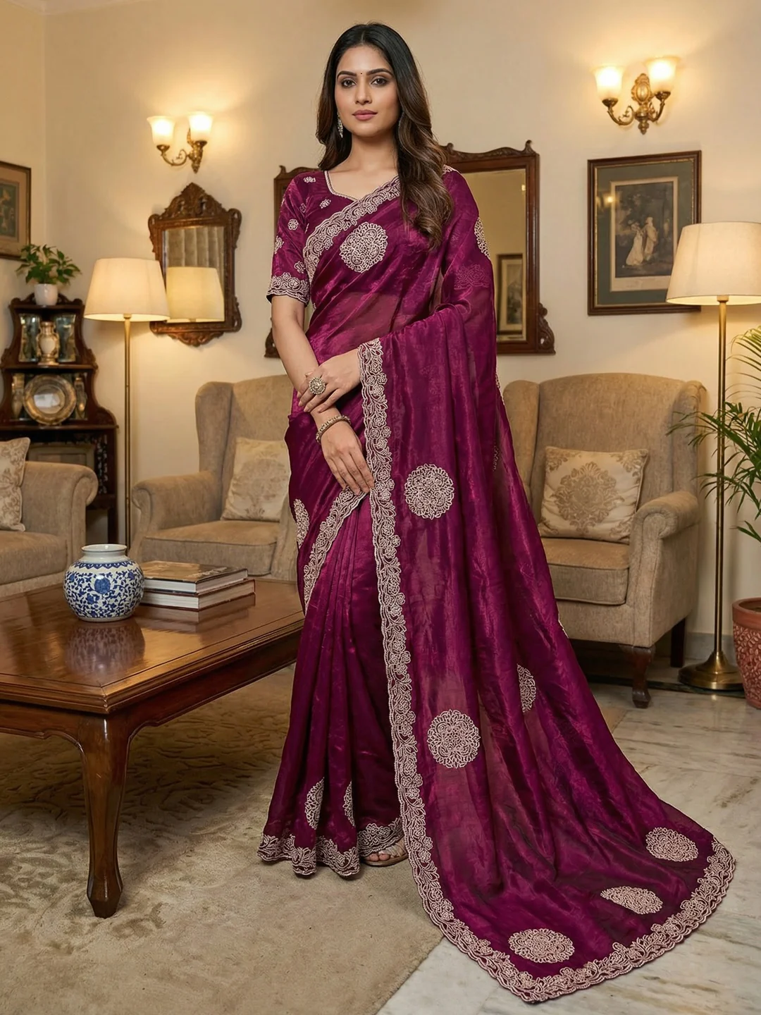Elegant Wine Organza Satin Silk Saree Adorned With Fine Embroidery & Swarovski Work