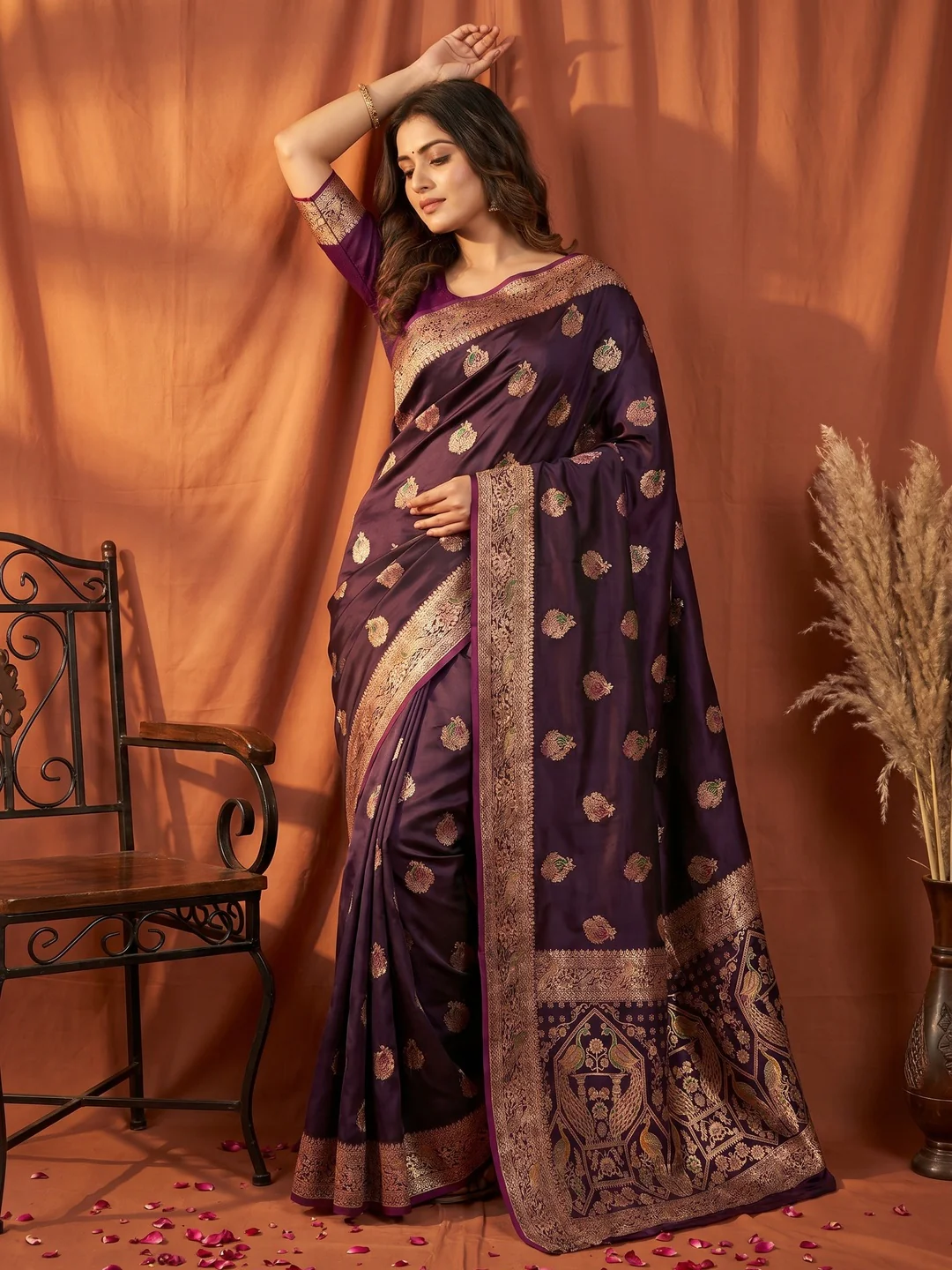 Elegant Wine Satin Saree with Intricate Zari Weaving and Floral Motifs