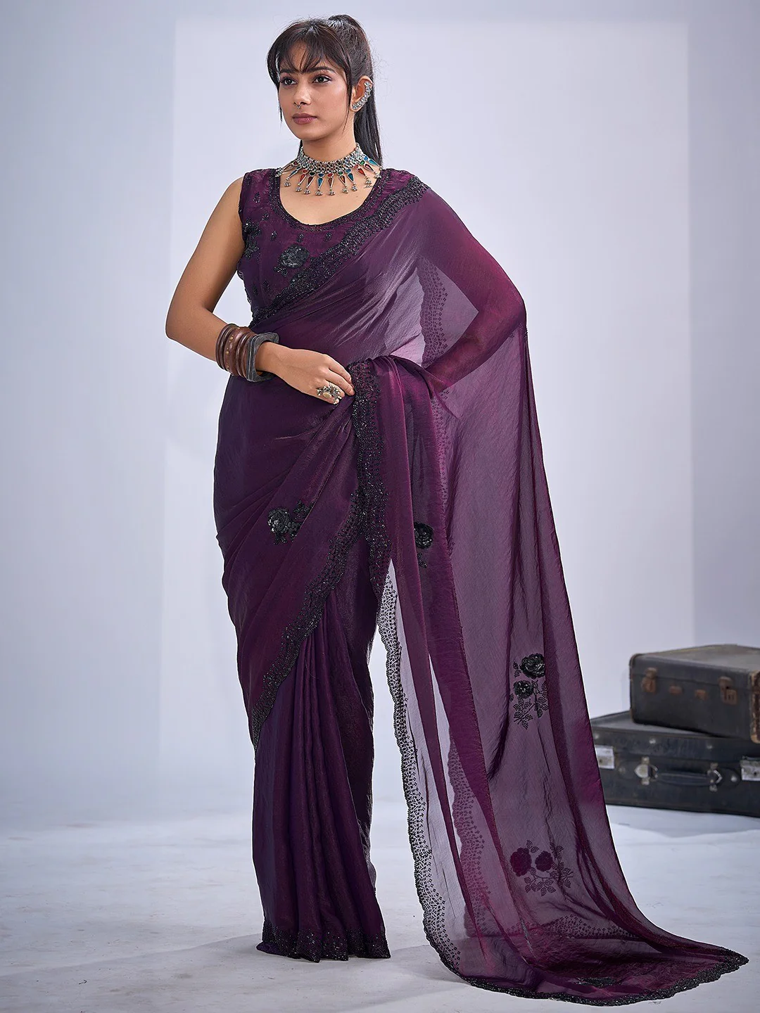 Elegant Wine Satin Silk Saree With Stonework Combined With Cut Dana & Sequin Applic Design