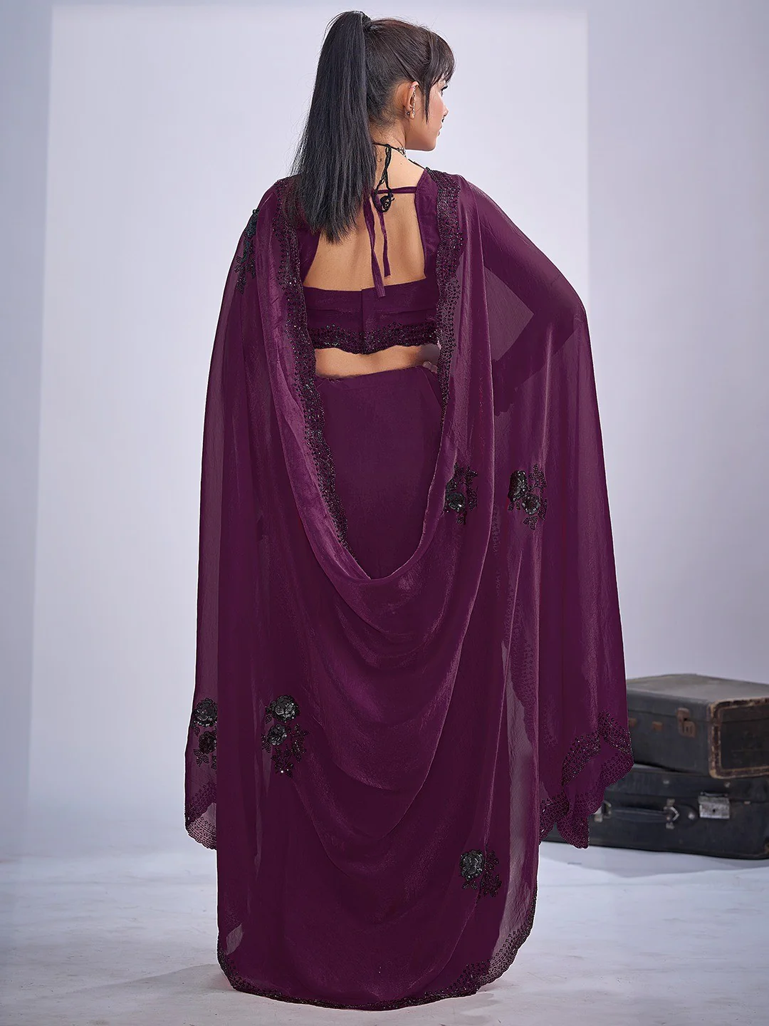 Elegant Wine Satin Silk Saree With Stonework Combined With Cut Dana & Sequin Applic Design - Image 5