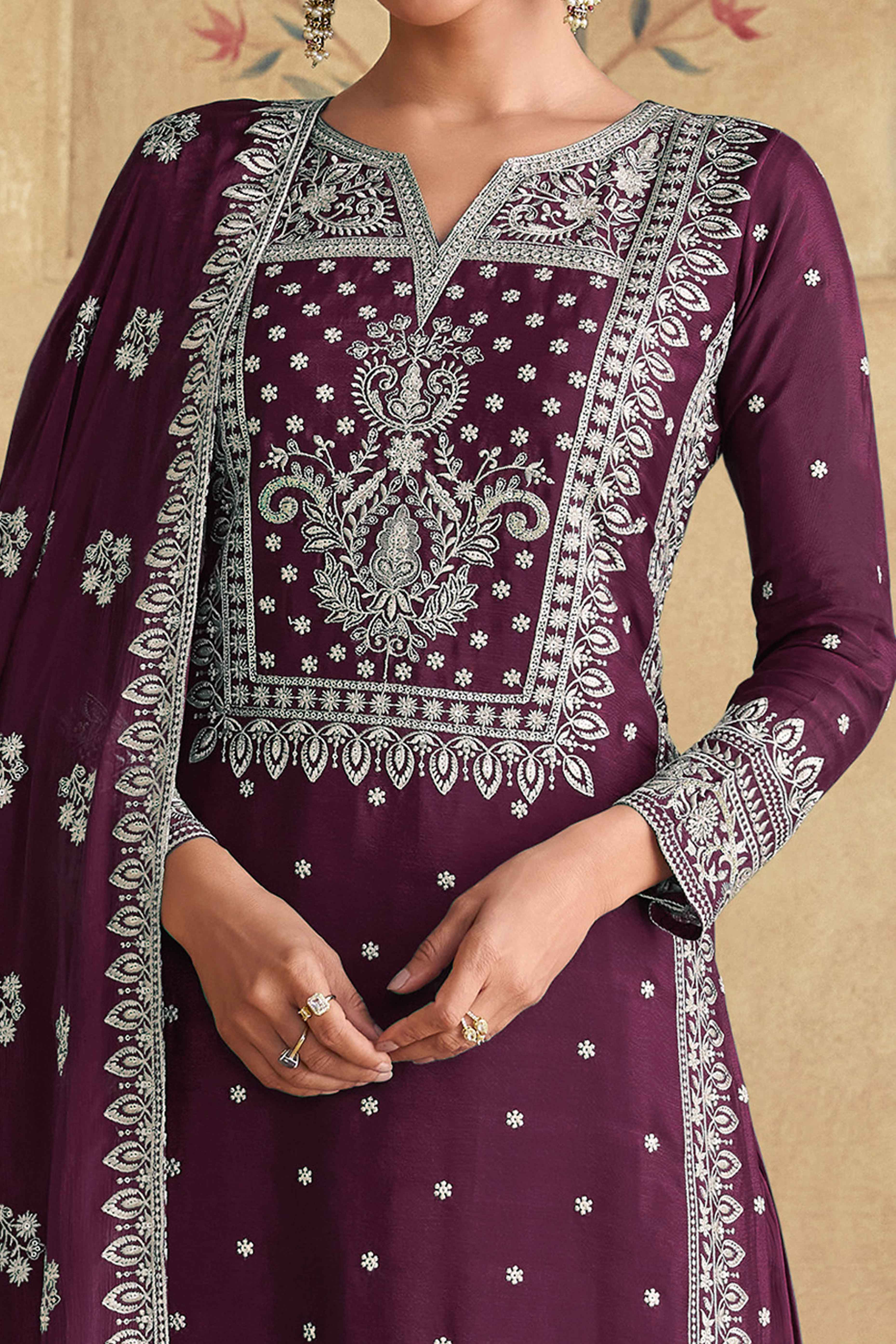 Elegant Wine Semi-Stitched Georgette Suit With Dazzling Floral Sequin Work - Image 2