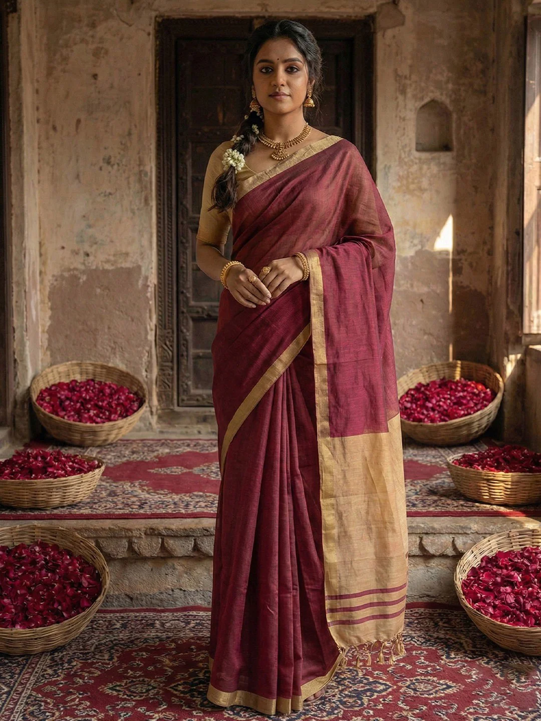 Elegant Wine Solid Cotton Blend Saree Highlighted By Woven Border & Tassel Pallu