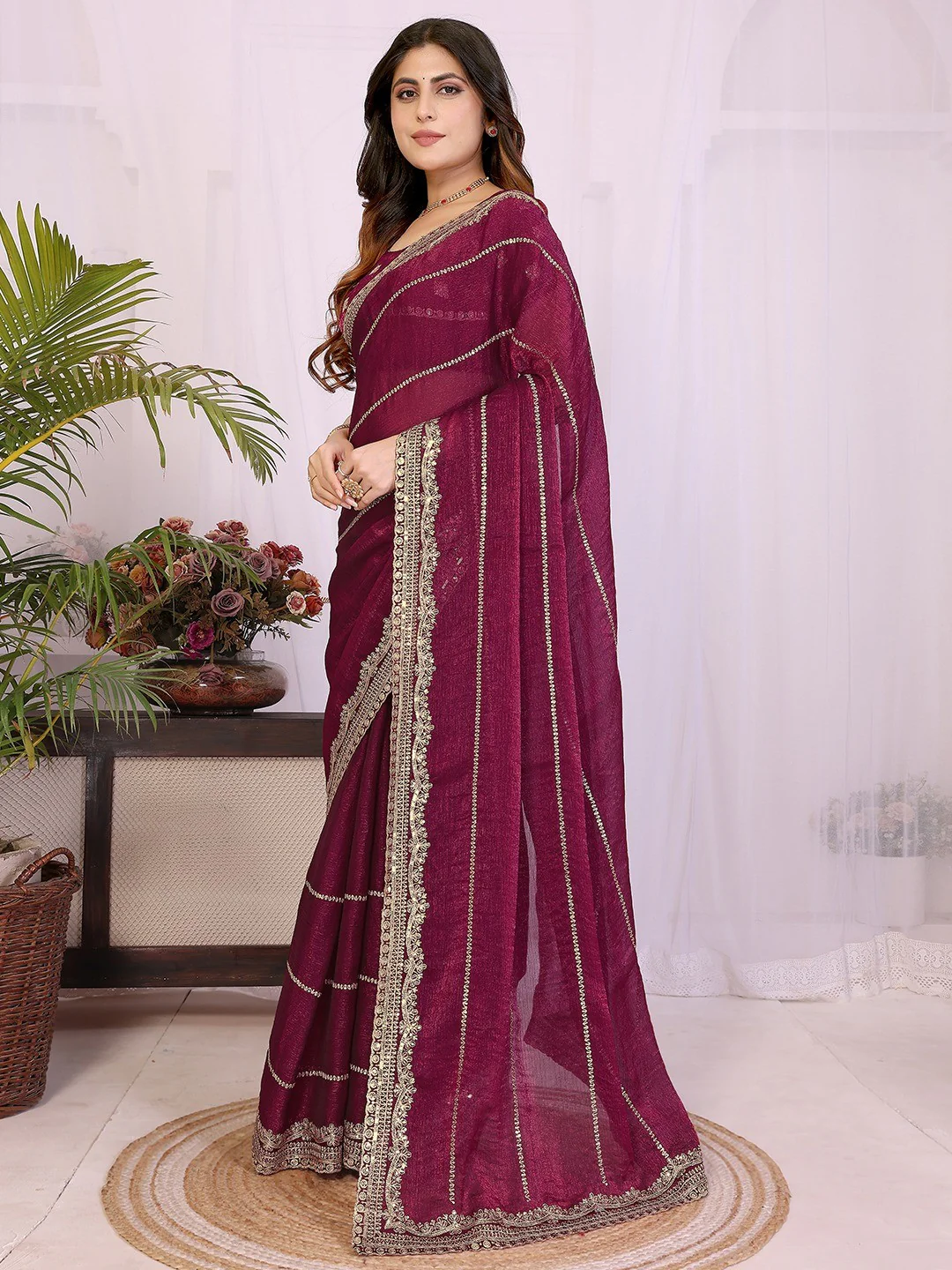 Elegant Wine Striped Pattern Organza Chiffon Silk Saree With Sequins Embroidery Work - Image 6