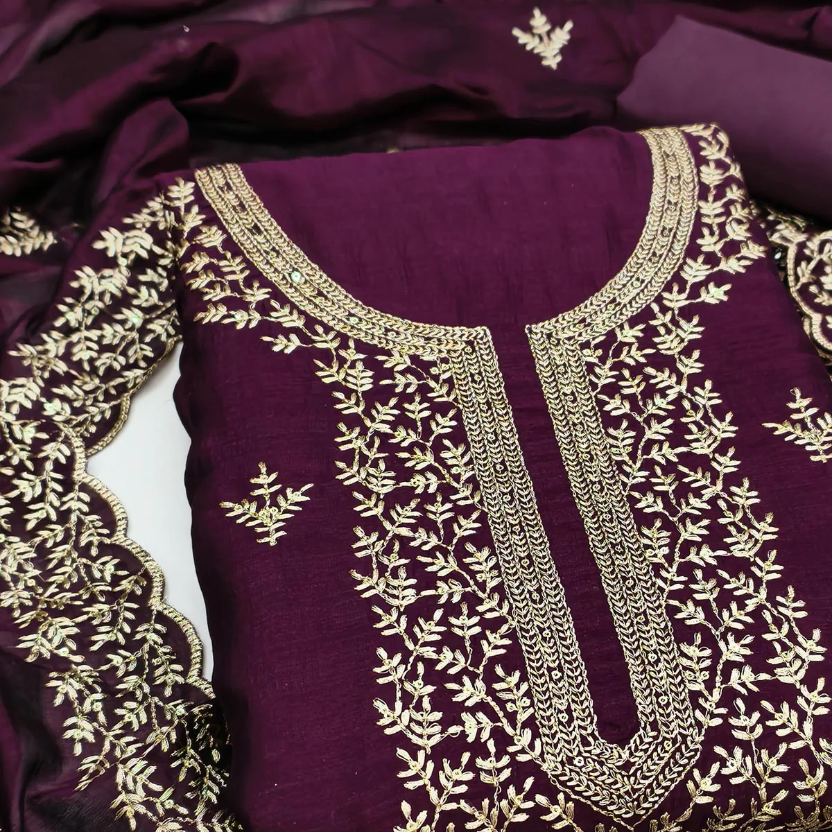 Elegant Wine Zari Embroidery & Sequins Embellished Vichitra Silk Dress Material - Image 2