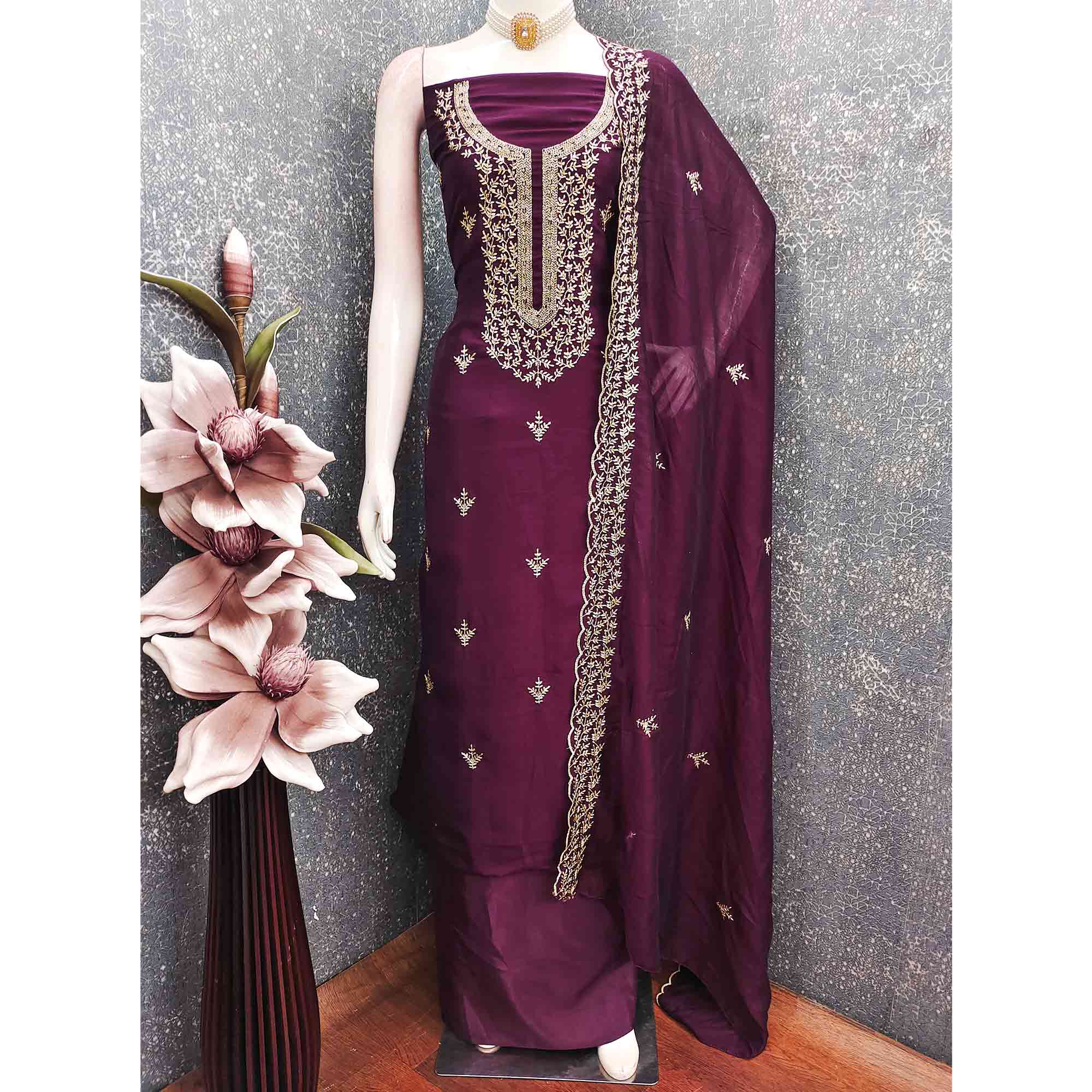 Elegant Wine Zari Embroidery & Sequins Embellished Vichitra Silk Dress Material - Image 3