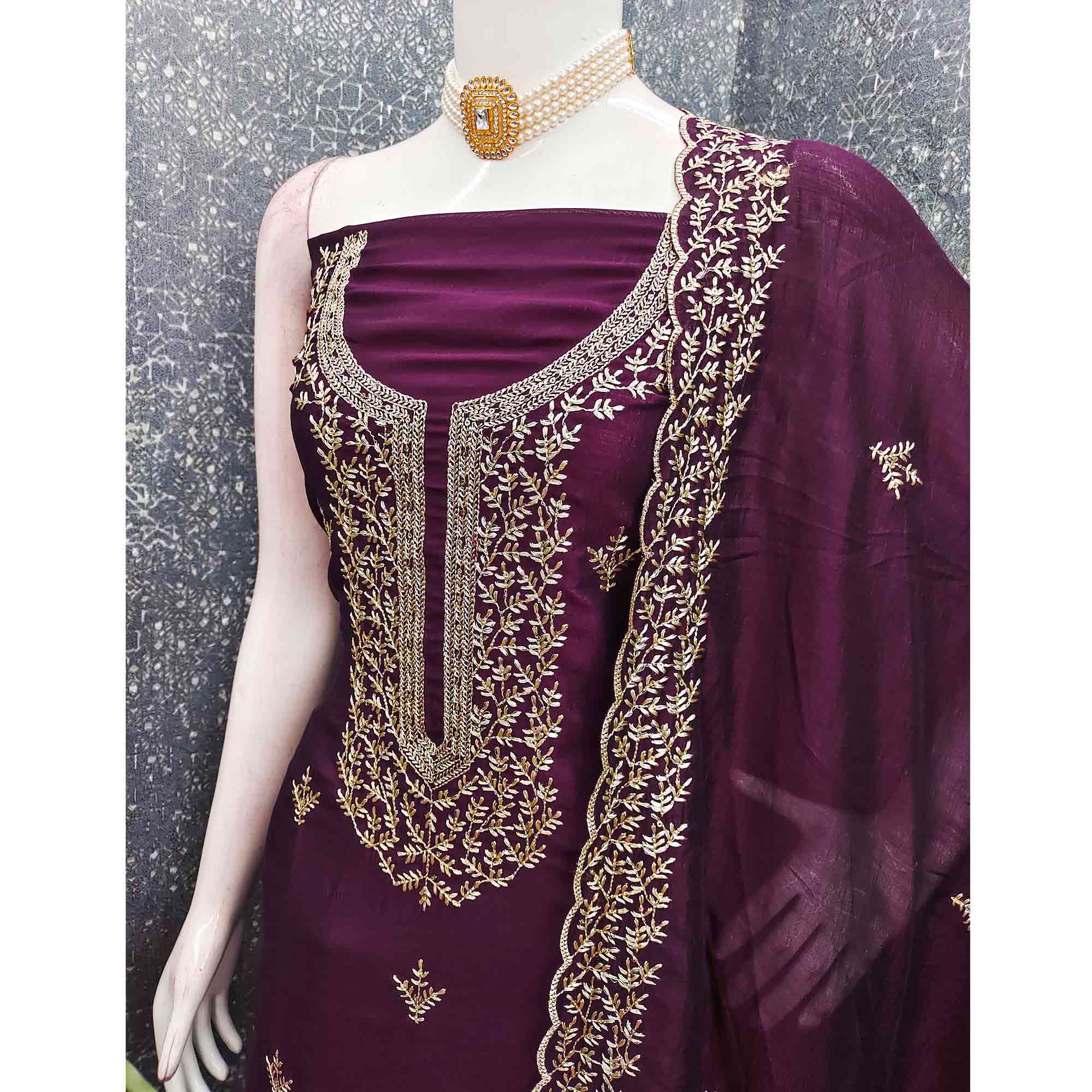 Elegant Wine Zari Embroidery & Sequins Embellished Vichitra Silk Dress Material - Image 4