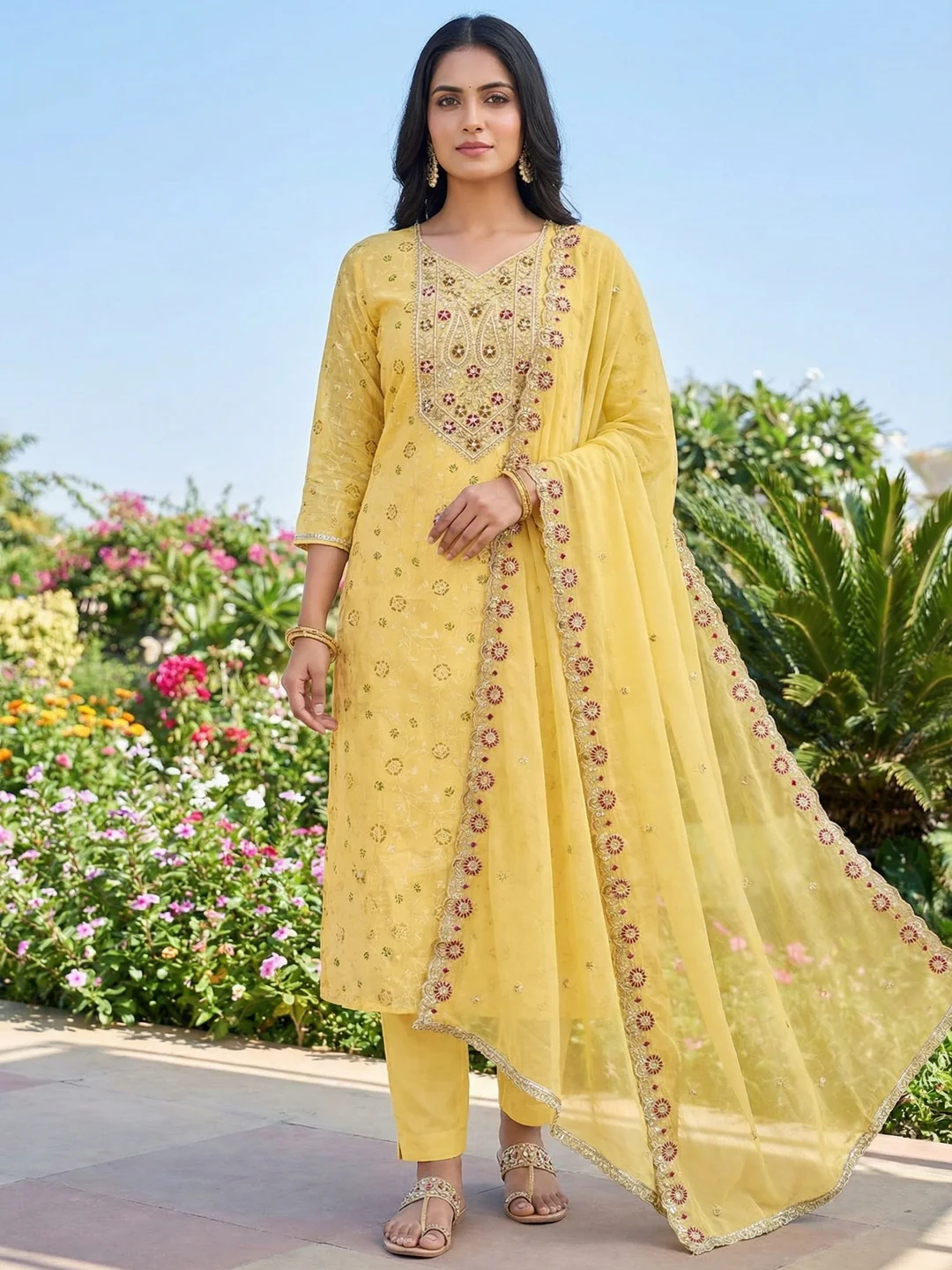 Elegant Yellow Chanderi Cotton Dress Material with Embroidery