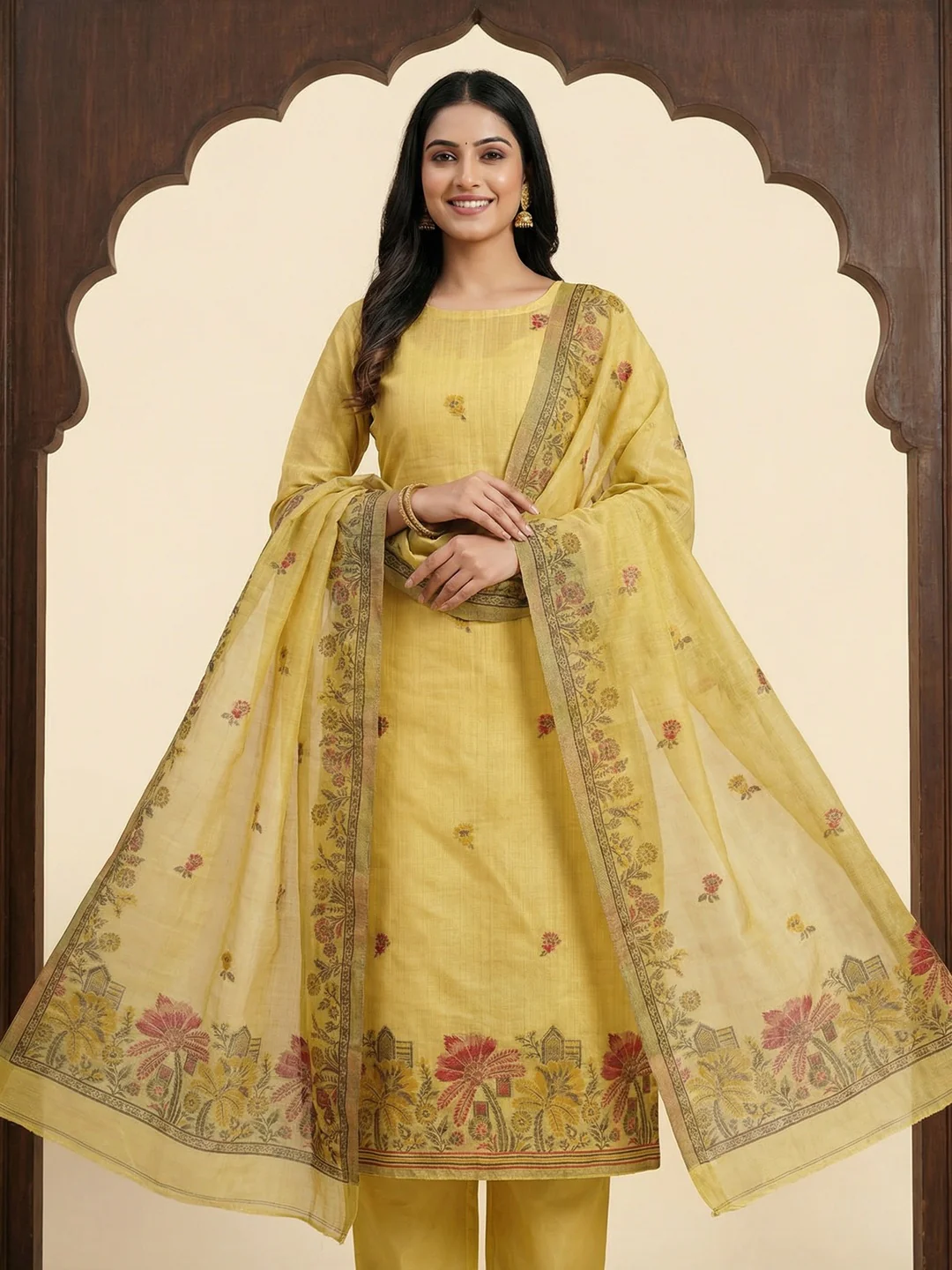 Elegant Yellow Chanderi Silk Jamdani Unstitched Dress Material