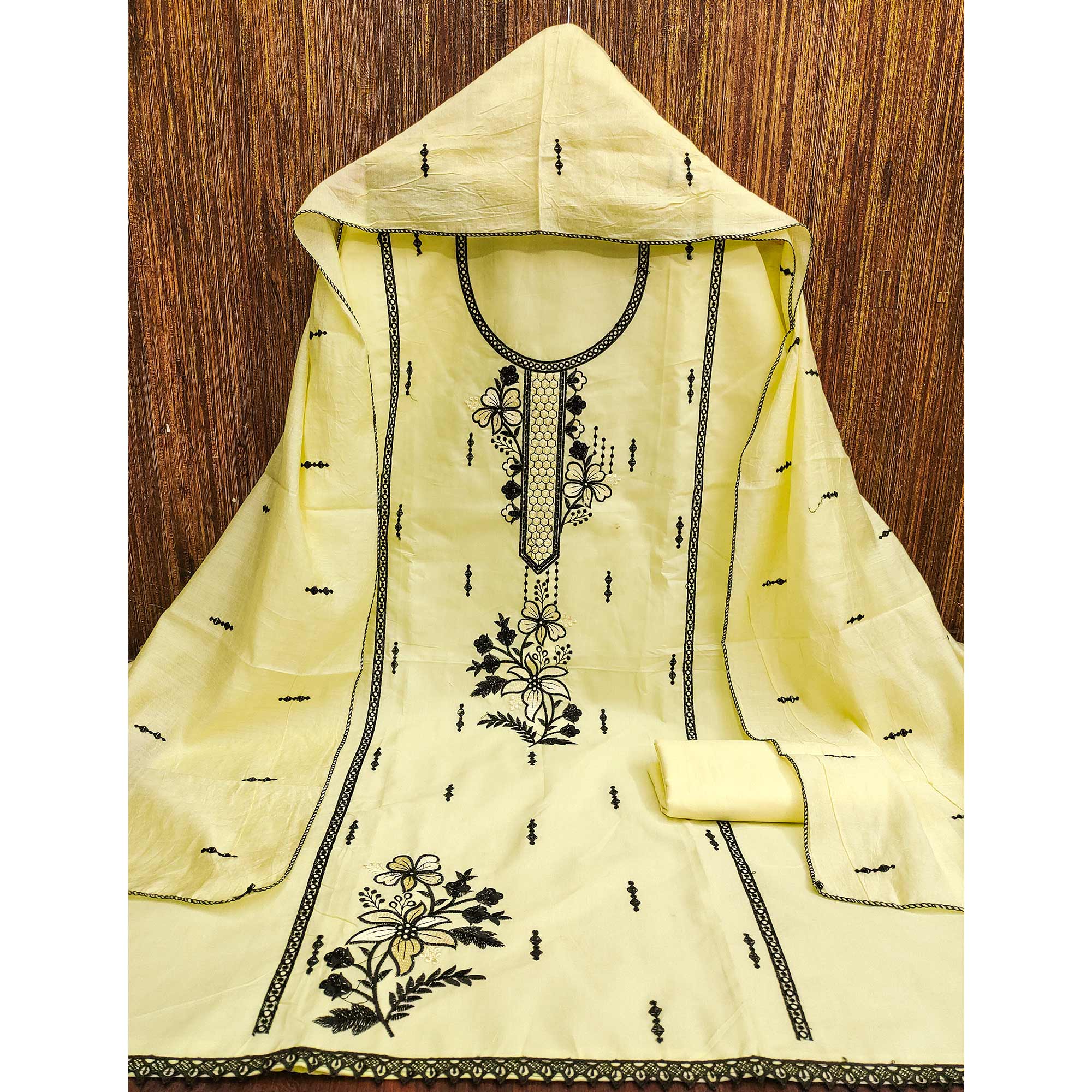 Elegant Yellow Cotton Blend Dress Material with Delicate Thread Embroidered Detailing - Image 3