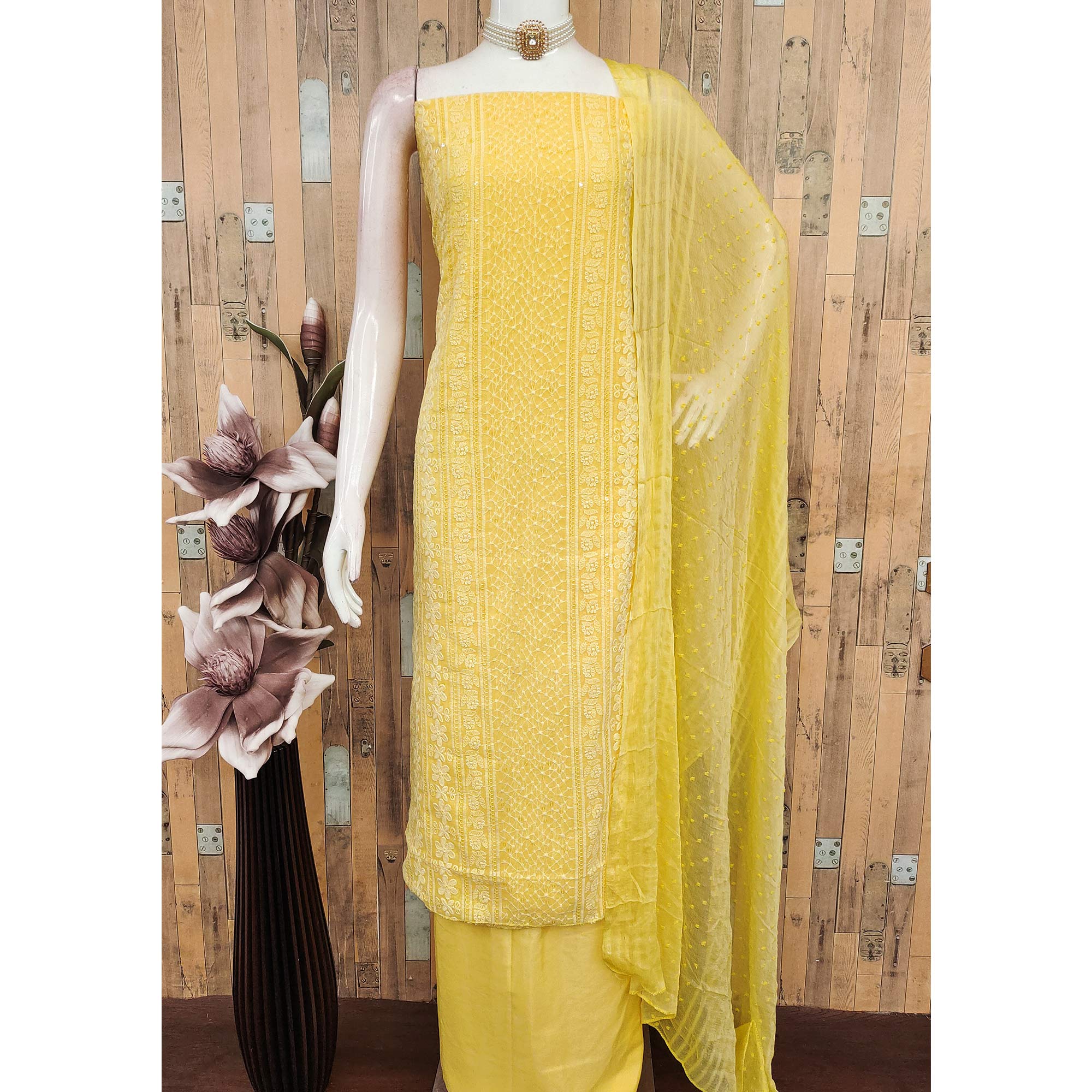 Elegant Yellow Floral Embroidered Georgette Dress Material With Delicate Sequins Accents - Image 3