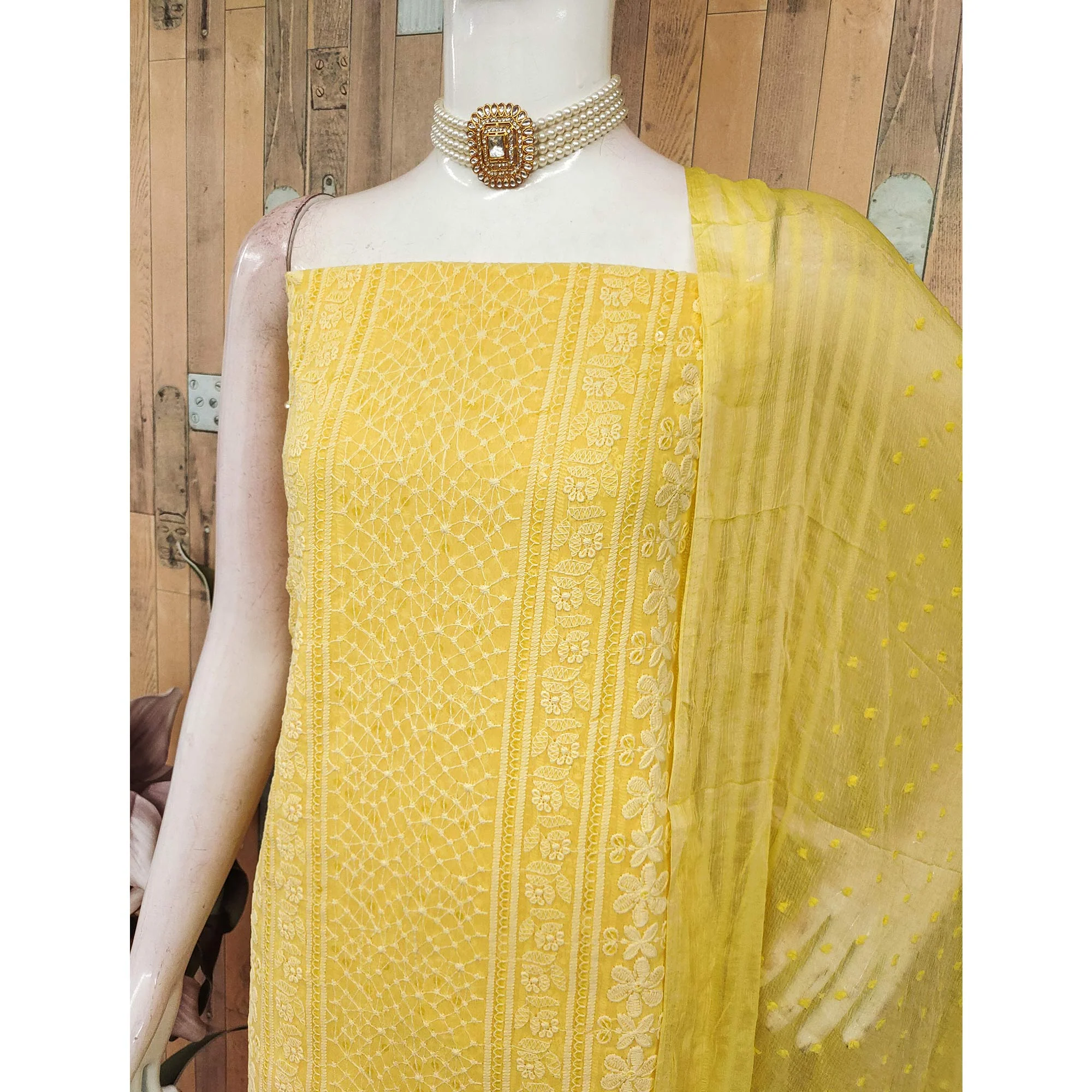 Elegant Yellow Floral Embroidered Georgette Dress Material With Delicate Sequins Accents - Image 4