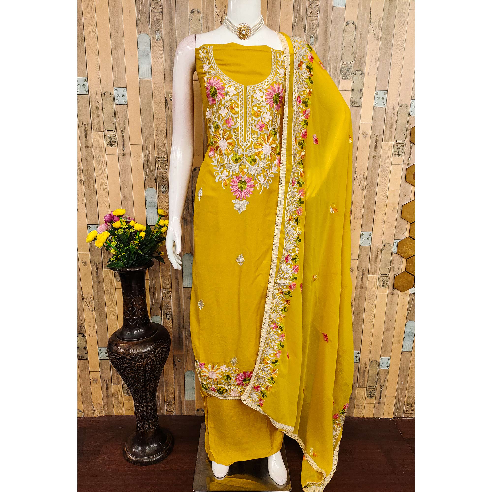 Elegant Yellow Floral Thread Embroidered Rayon Dress Material - Image 3