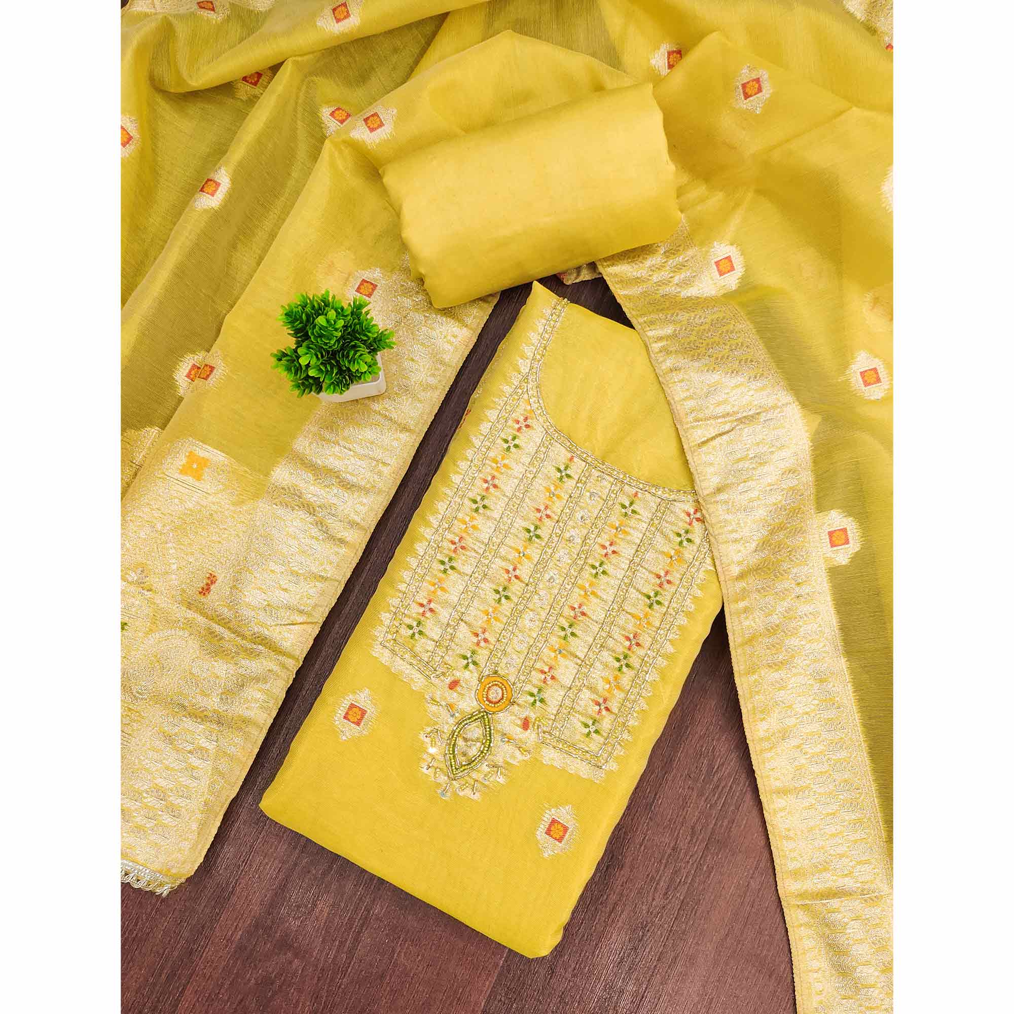 Elegant Yellow Floral Weaving Shimmer Banarasi Dress Material With Beads & Sequins Neckline Work - Image 3