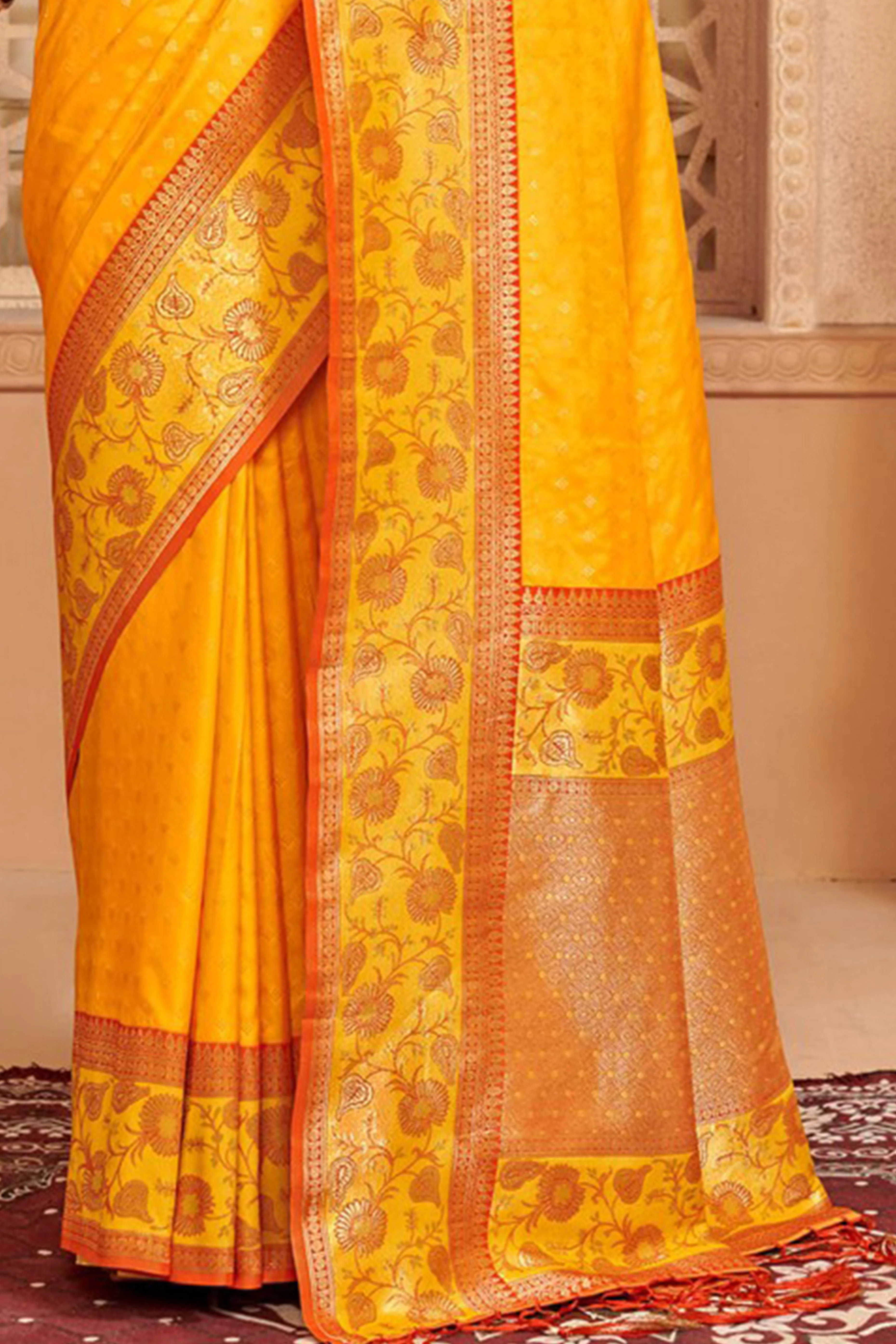 Elegant Yellow Floral Zari Weaving Silk Blend Saree With Tassel Pallu - Image 4