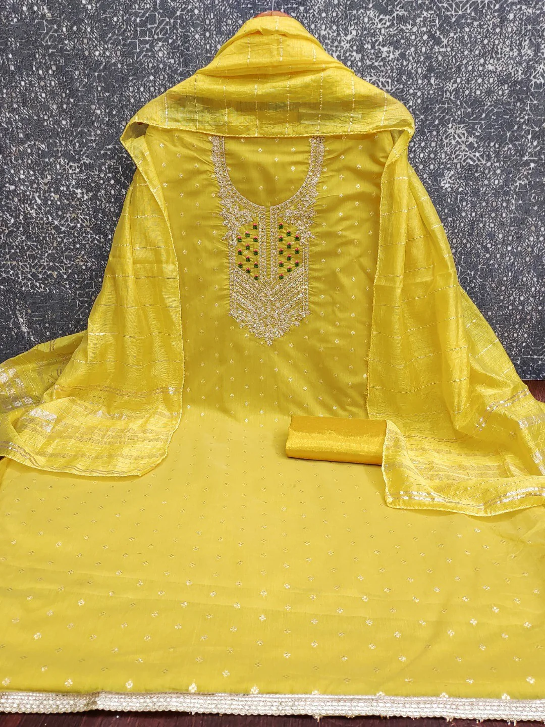 Elegant Yellow Jacquard Dress Material with Embroidered Neckline - Image 2
