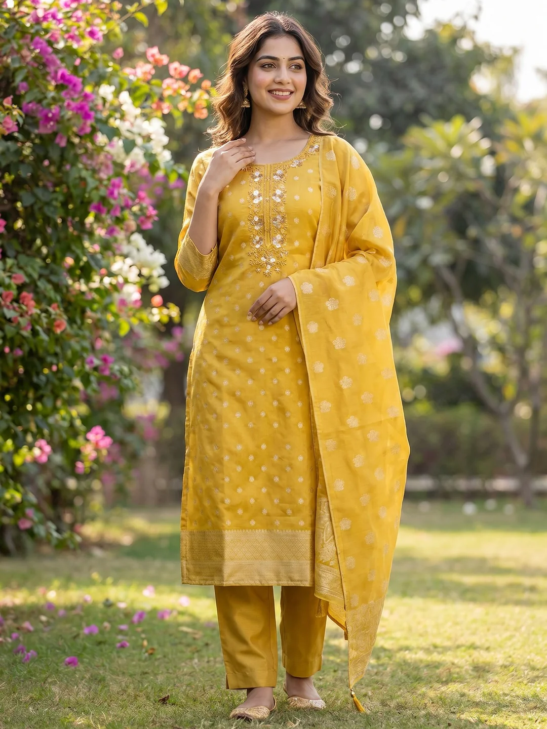 Elegant Yellow Jacquard Dress Material with Intricate Sequins Work