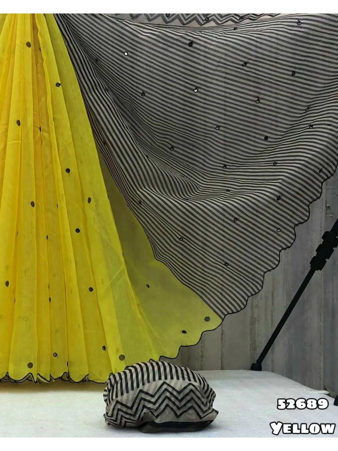Elegant Yellow Linen Saree with Striped Pallu and Mirror Work - Image 3