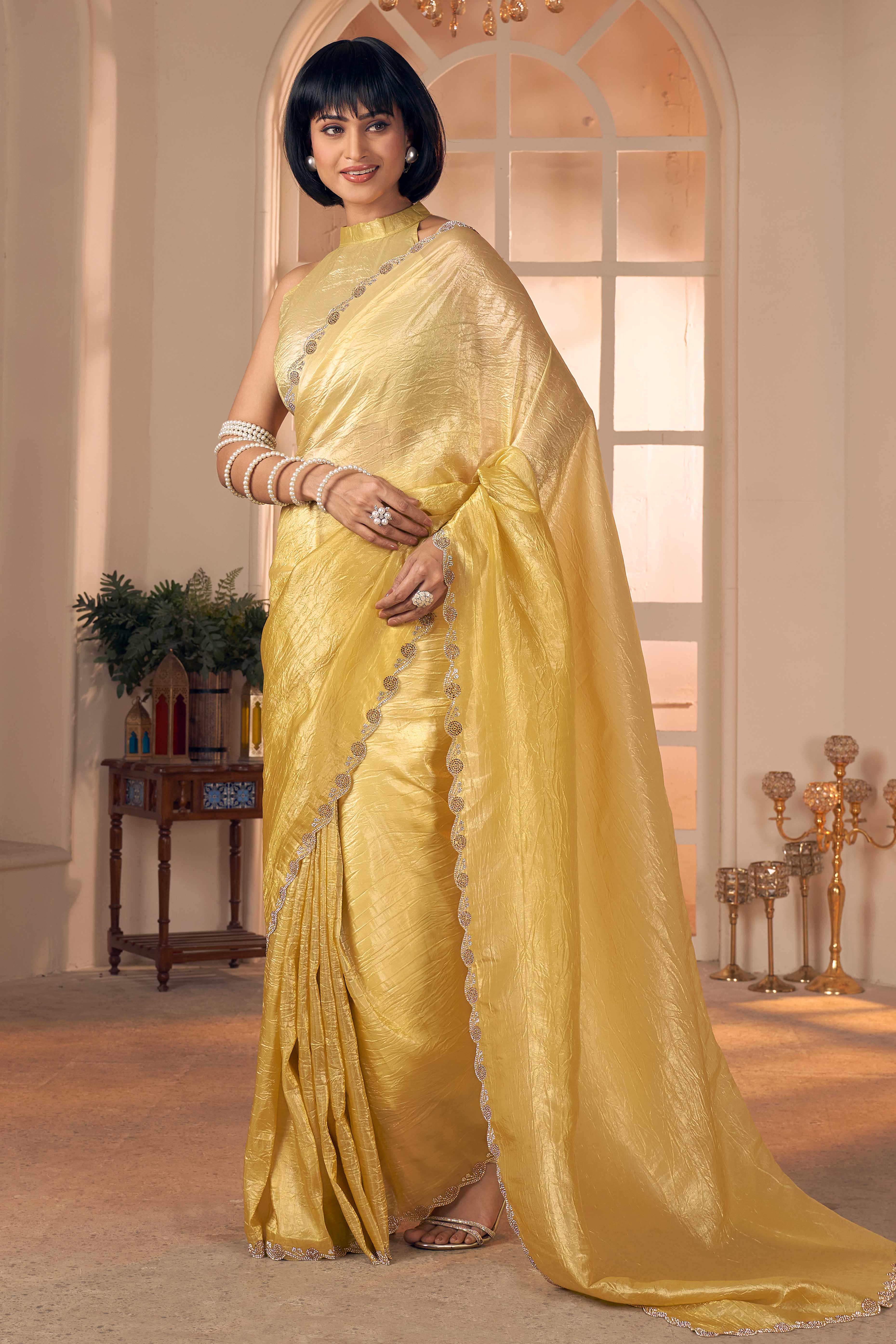 Elegant Yellow Pure Silk Saree Enhanced With Premium Zarkan Cutwork Embellishment - Image 3