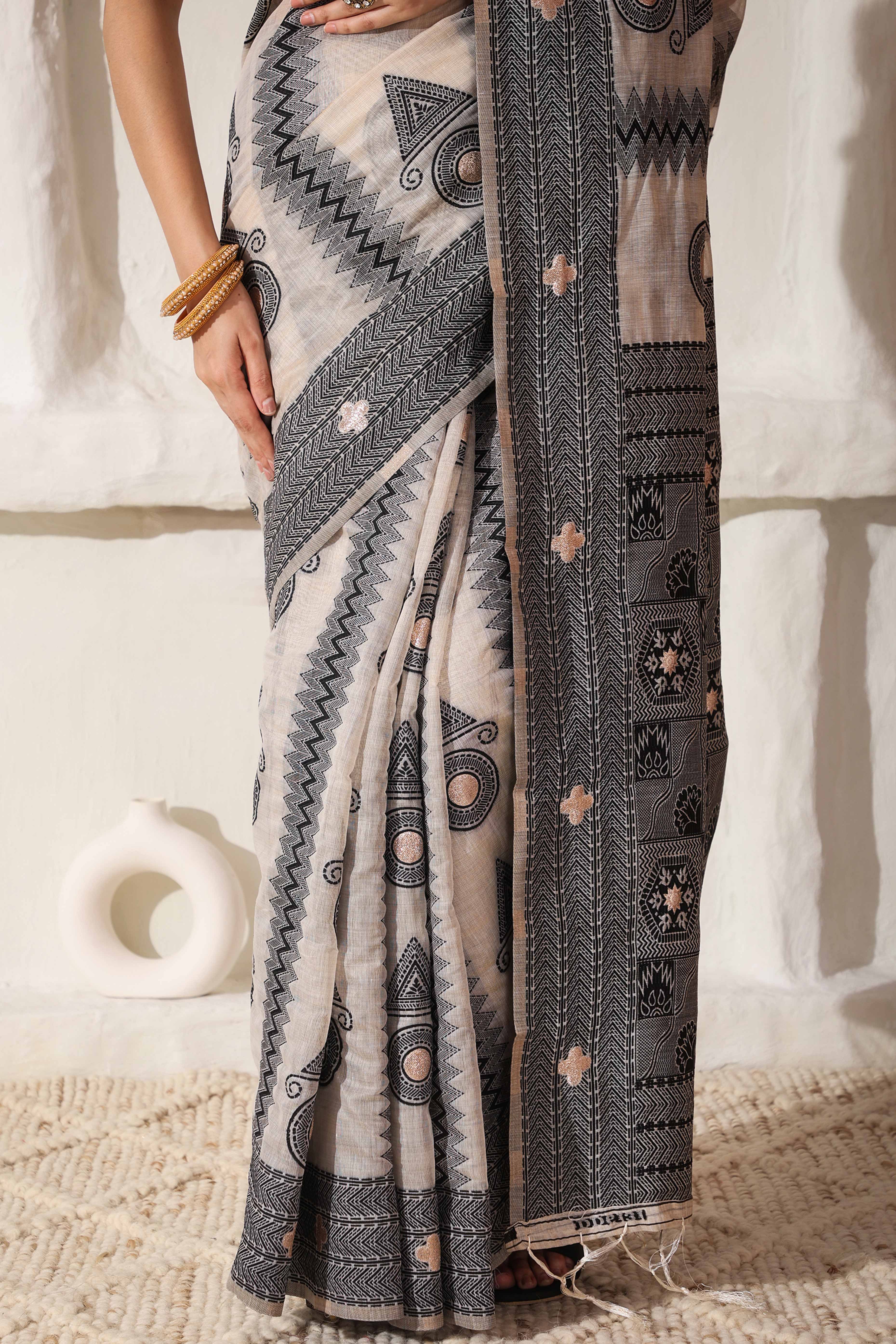 Elegant Zari Weaving Work On Cream & Black Linen Cotton Saree With Tassel Finish - Image 8