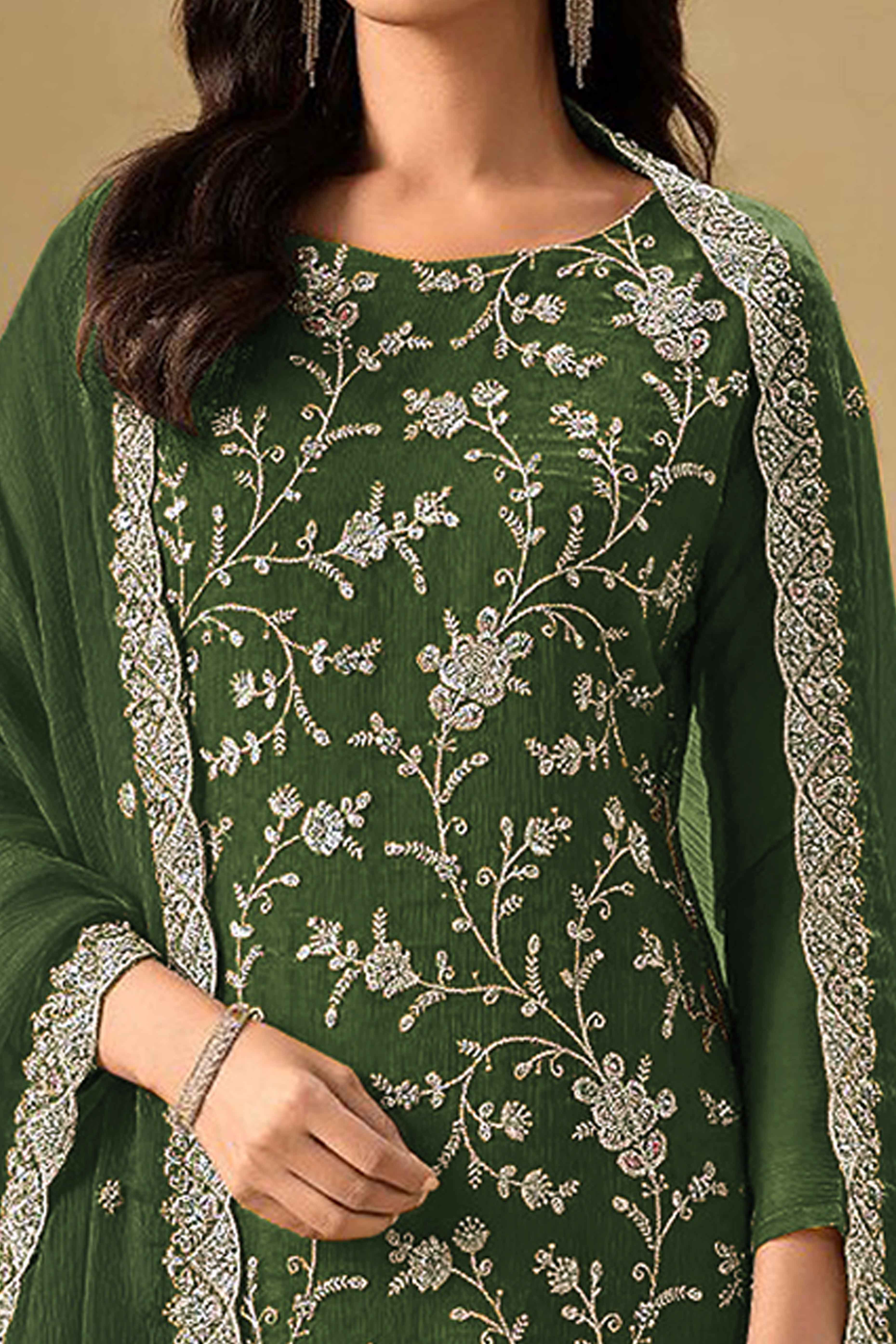 Embroidered Green Semi Stitched Suit With A Touch of Sequin & Studded Zarkan Work - Image 2