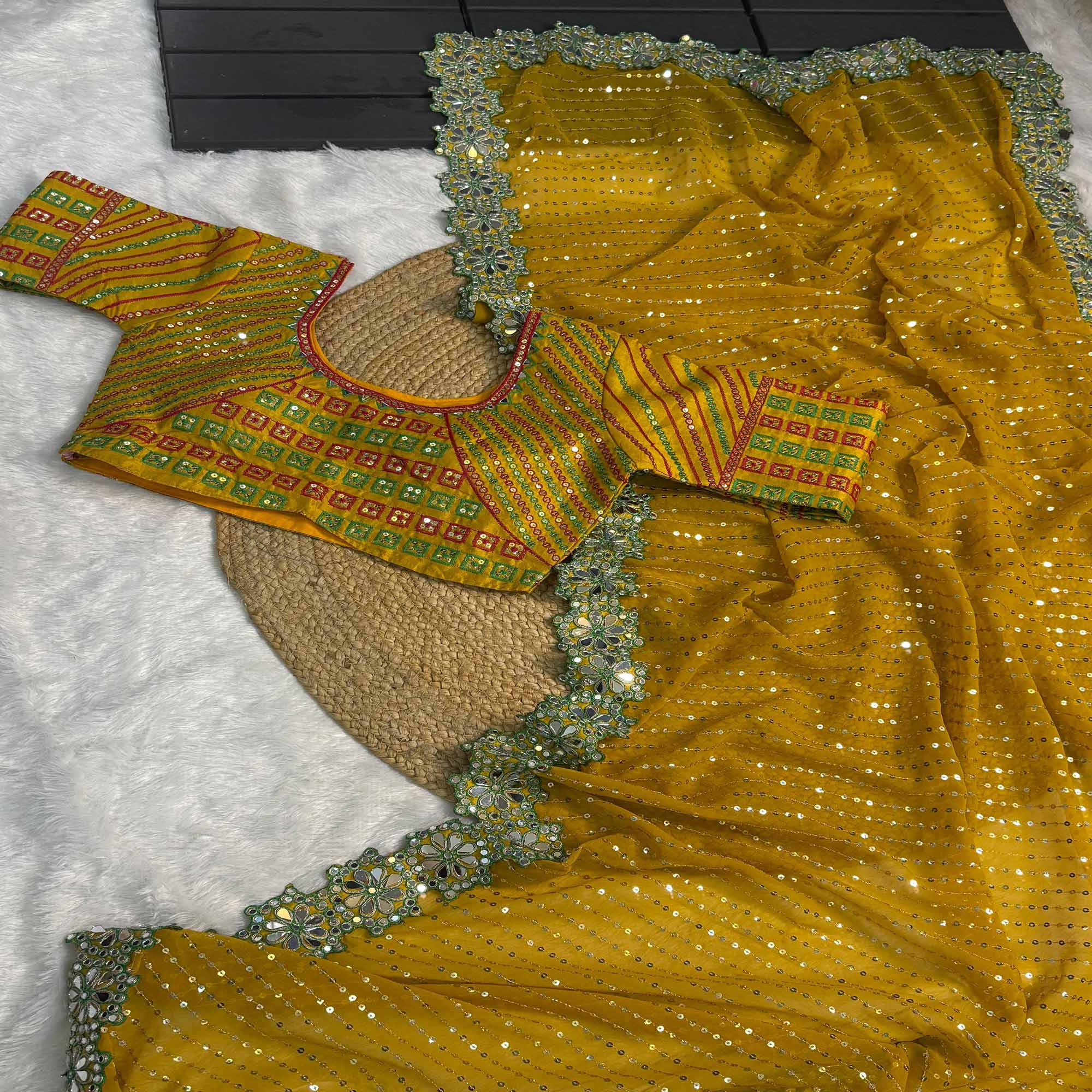 Embroidered Mustard Georgette Saree with Shimmering Mirror Accents - Image 4