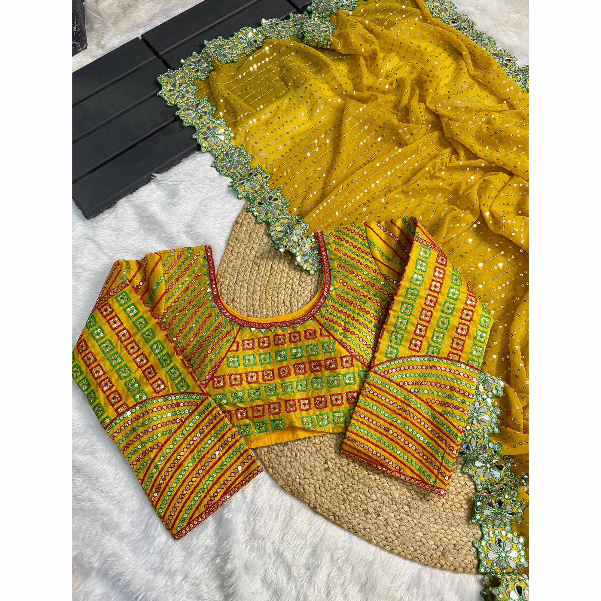 Embroidered Mustard Georgette Saree with Shimmering Mirror Accents - Image 5