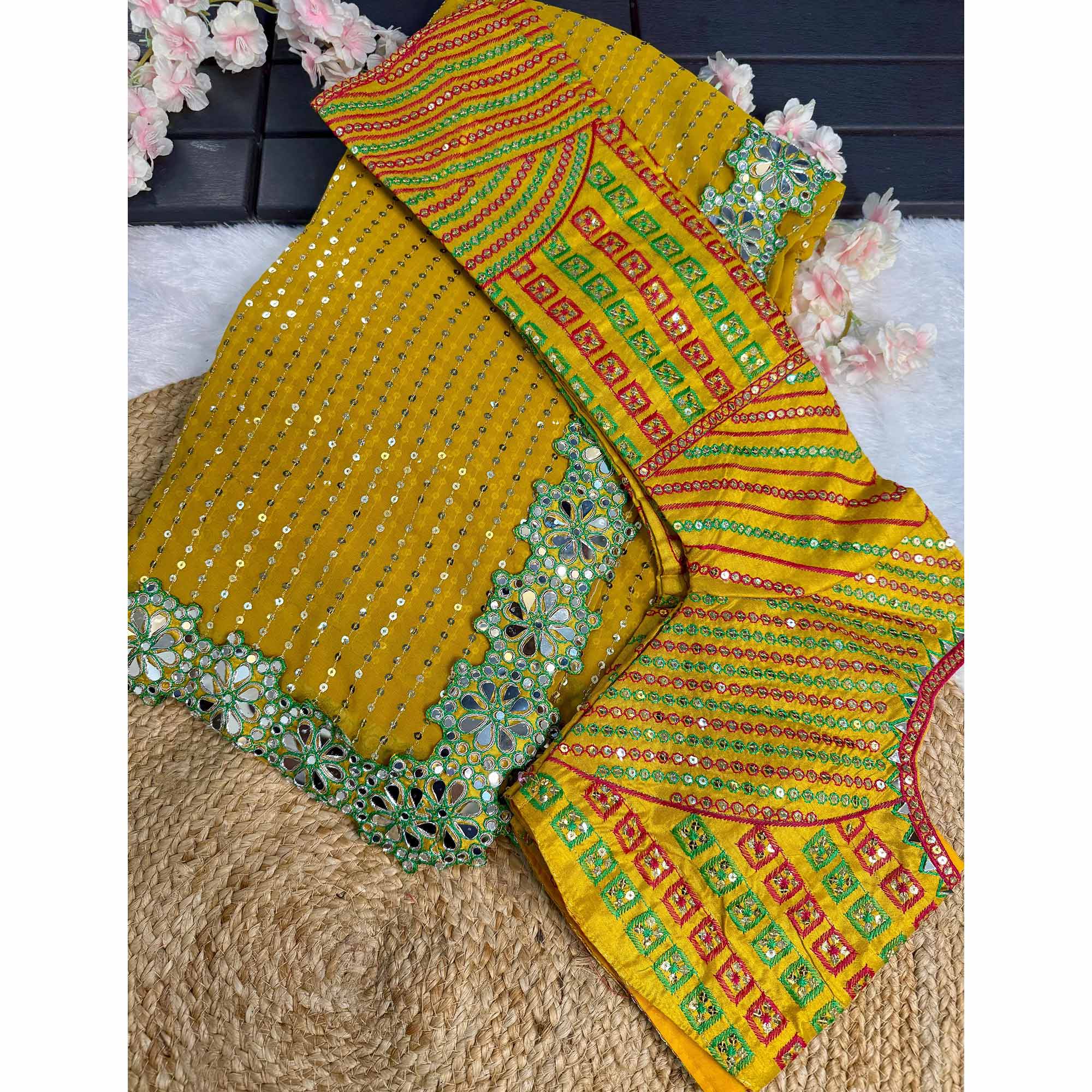 Embroidered Mustard Georgette Saree with Shimmering Mirror Accents - Image 7