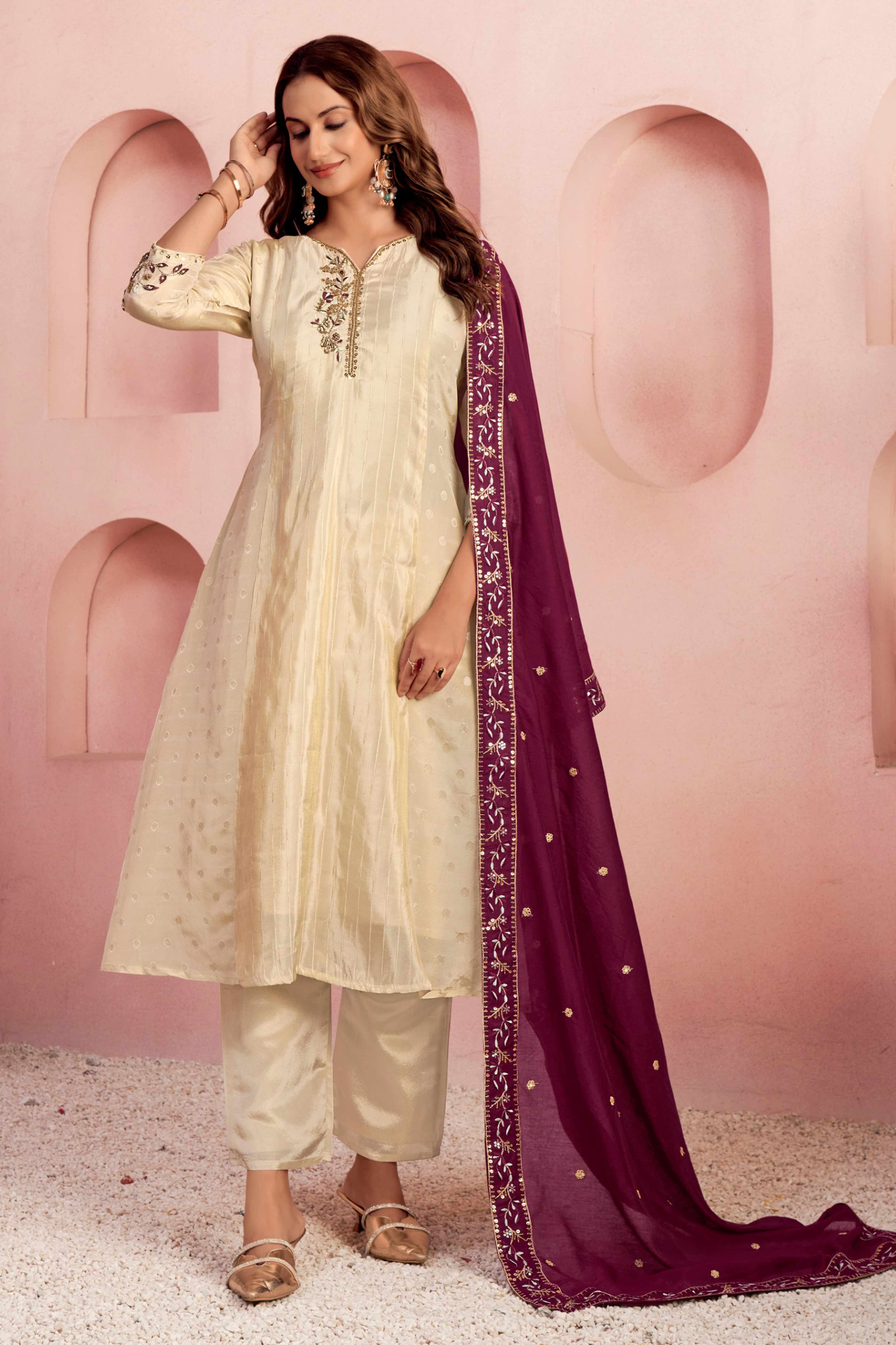 Embroidered Off White Salwar Suit in Pure Viscose with Shimmering Beads Highlights - Image 3