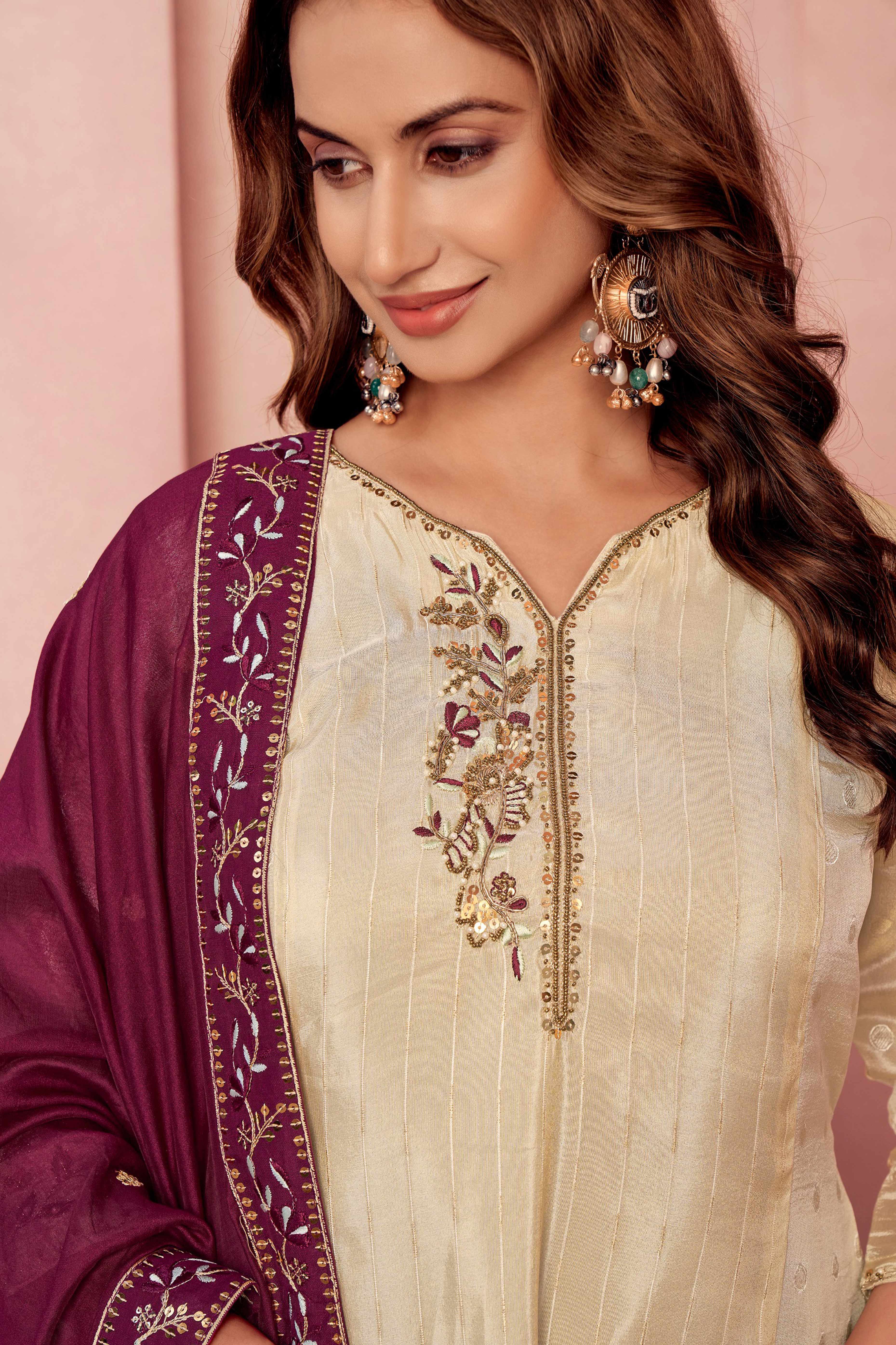 Embroidered Off White Salwar Suit in Pure Viscose with Shimmering Beads Highlights - Image 5