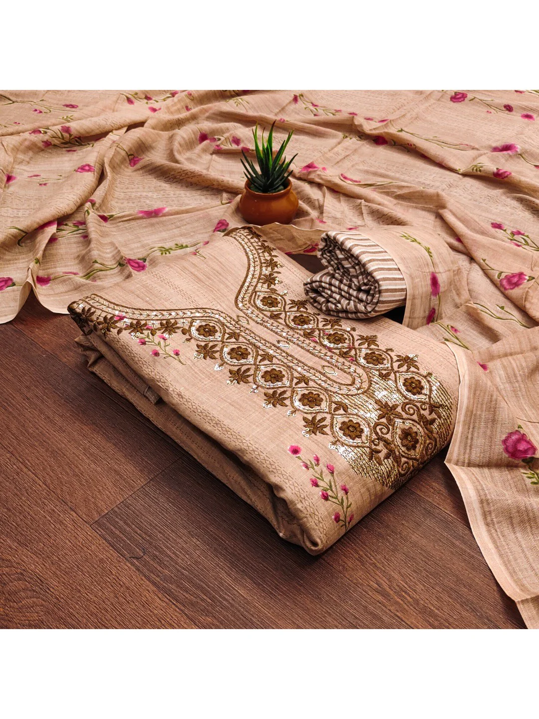 Emerald Brown Floral Printed Cotton Blend Dress Material With Elegant Sequins Embroidery Work - Image 4