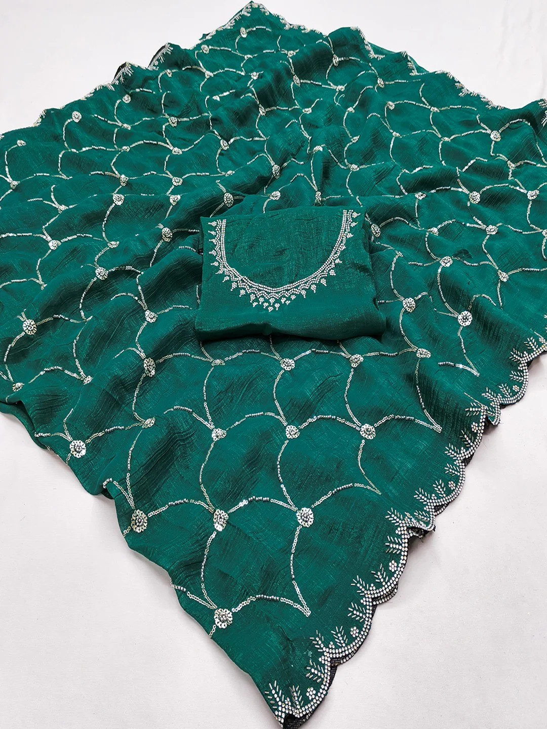 Emerald Green Chiffon Saree with Delicate Sequins Embellishments and Fine Craft Detailing - Image 2