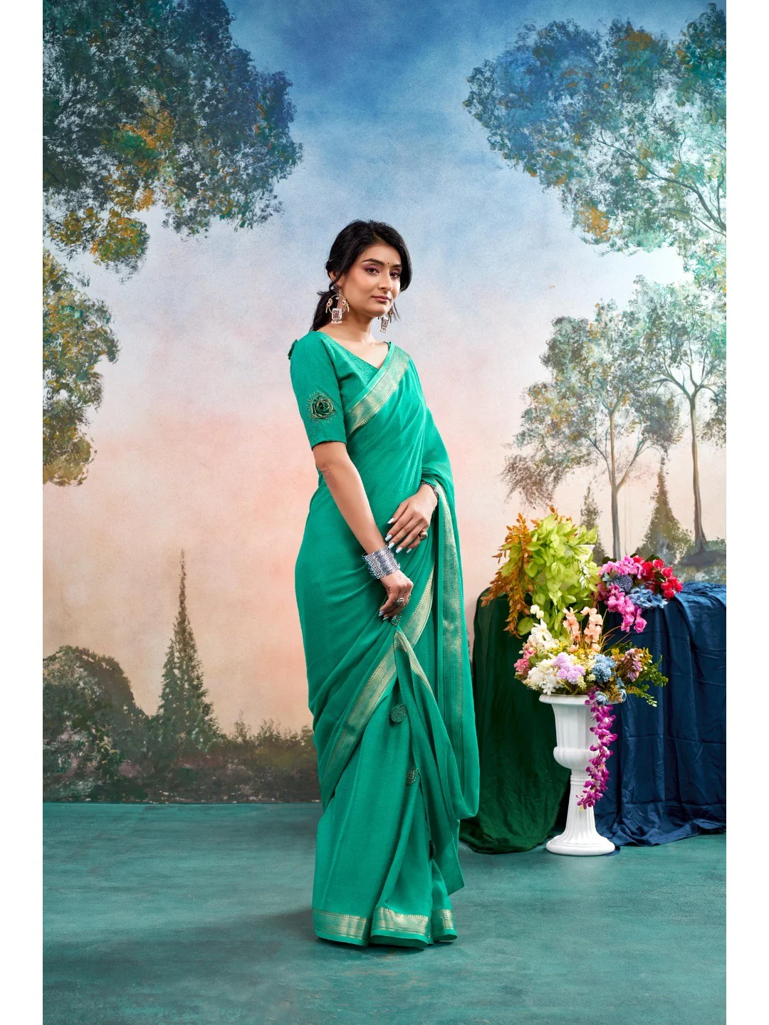 Emerald Green Chinon Saree Featuring Classic Golden Zari Border with Smooth Solid Finish