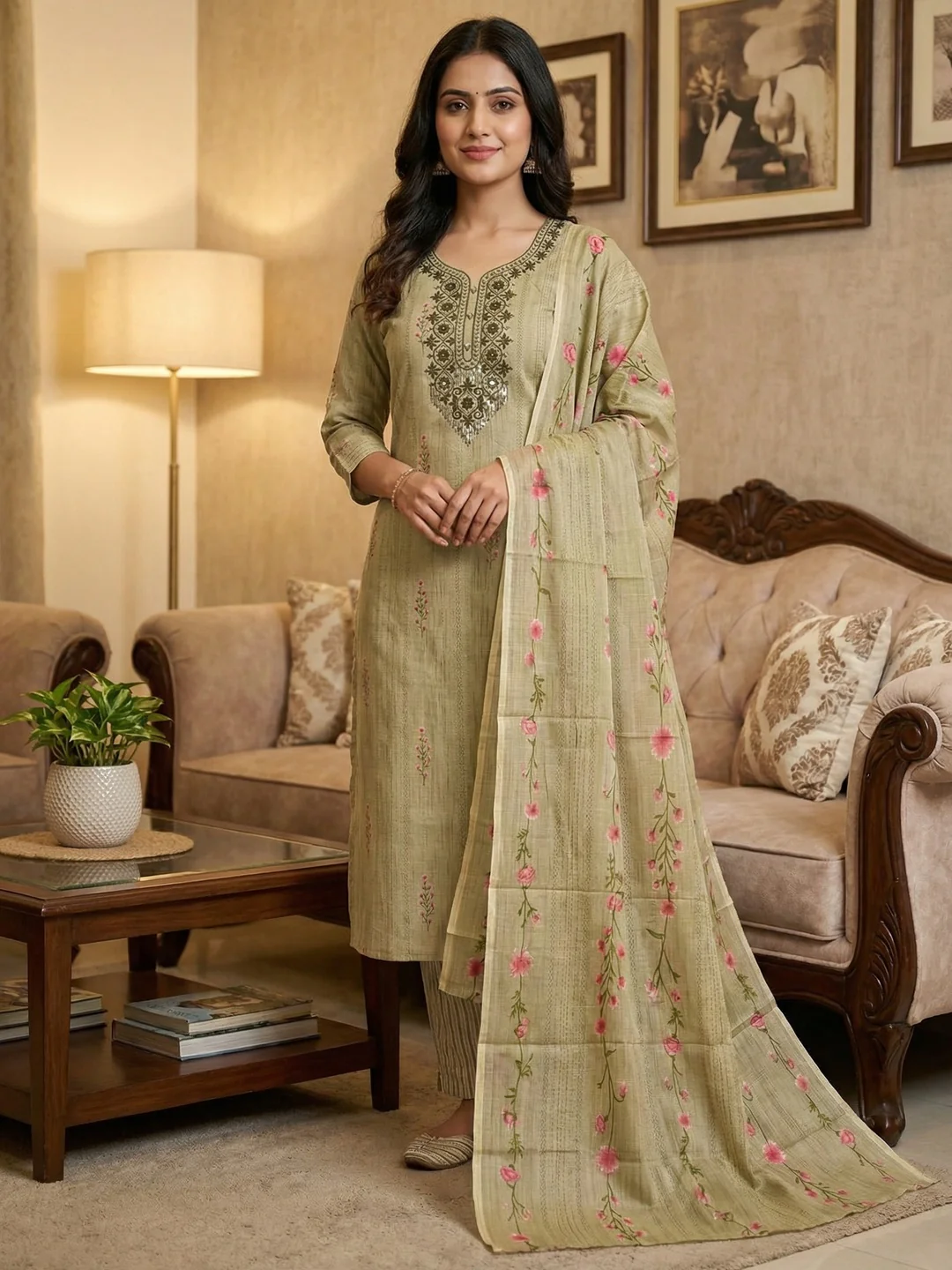 Emerald Green Floral Printed Cotton Blend Dress Material With Elegant Sequins Embroidery Work